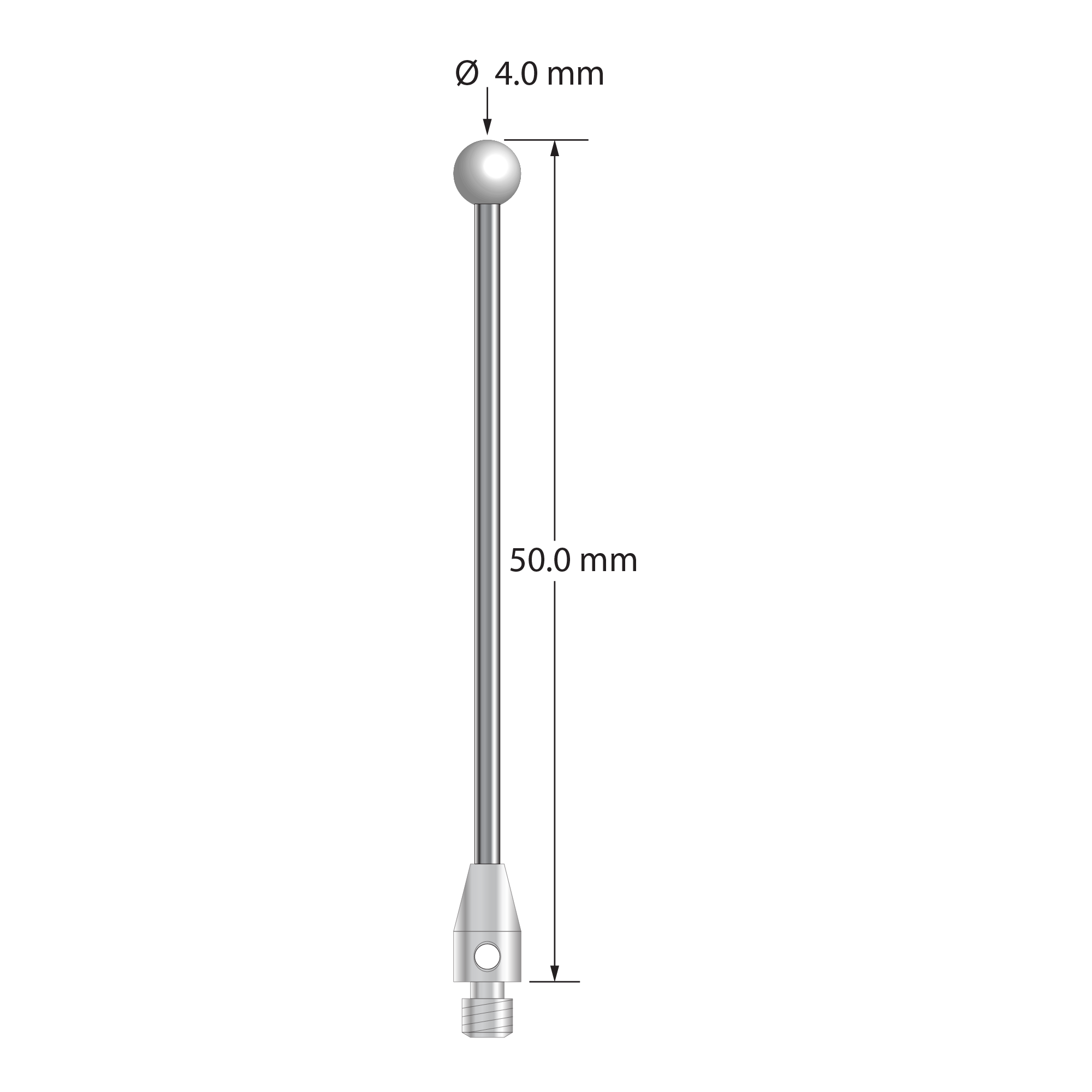 M3 stylus with 4.0 mm zirconia ball, 2.0 mm diameter carbide stem, and 4.0 mm diameter x 7.0 mm long stainless steel base. Overall stylus length is 50.0 mm. Stylus weight is 2.58 grams.