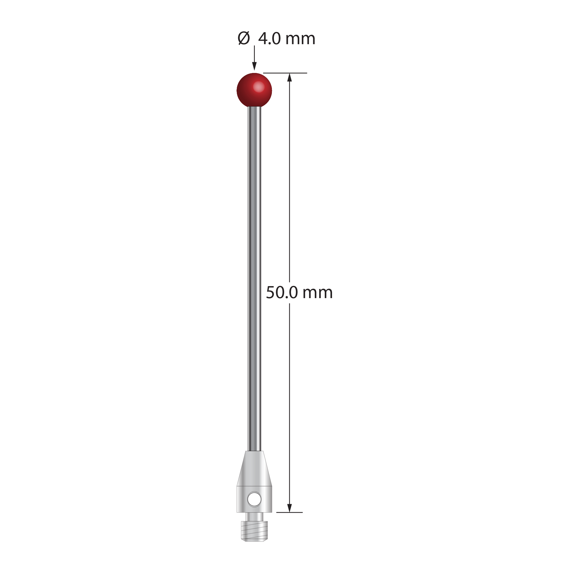 M3 stylus with 4.0 mm ruby ball, 2.0 mm diameter carbide stem, and 4.0 mm diameter x 7.0 mm long stainless steel base. Overall stylus length is 50.0 mm. Stylus weight is 2.58 grams.