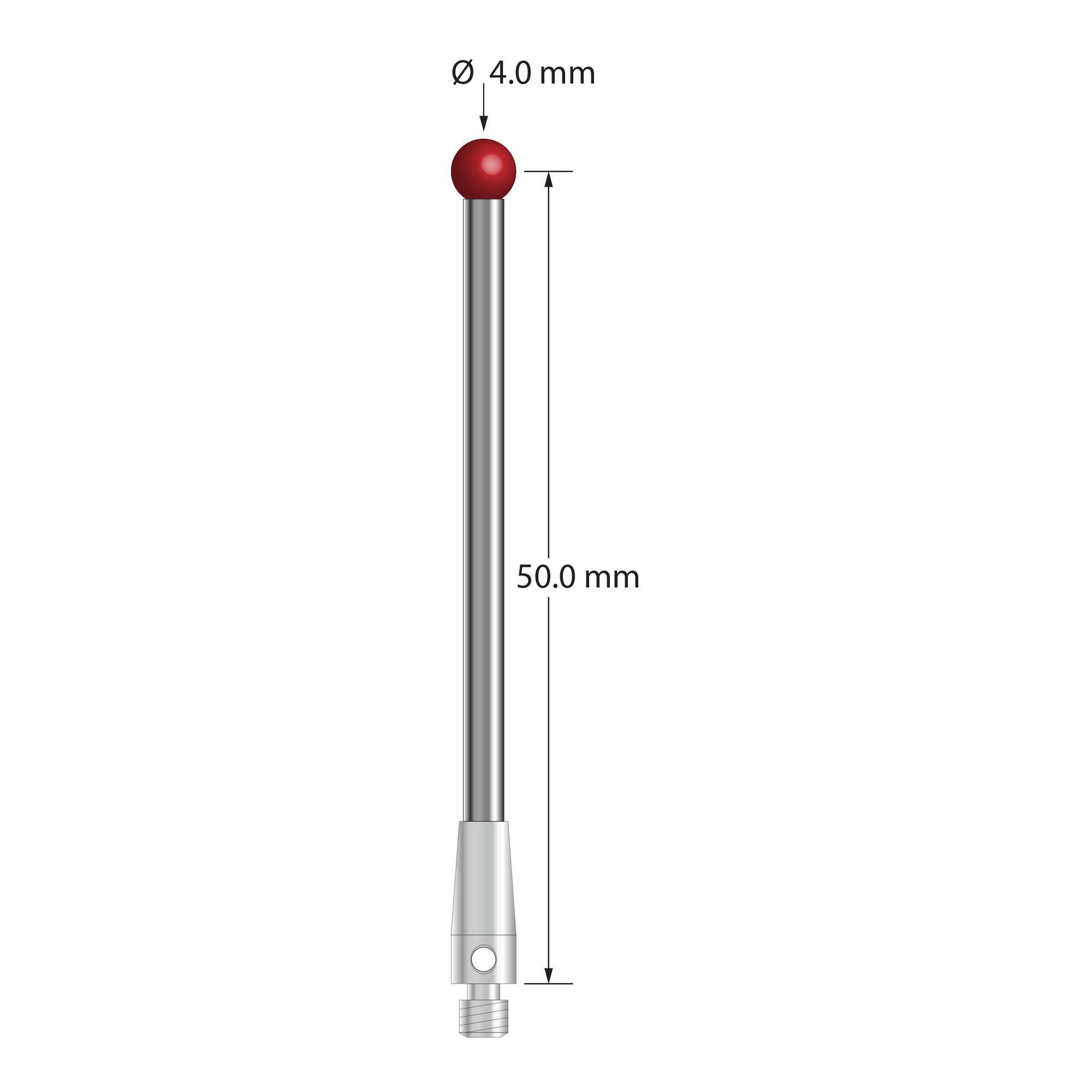 M3 stylus with 4.0 mm diameter ruby ball, 2.5 mm diameter carbide stem, and 4.0 mm diameter x 10.0 mm long stainless steel base. Stylus length to ball center is 50.0 mm. Stylus weight is 3.79 grams. Compare to Blum 143905.