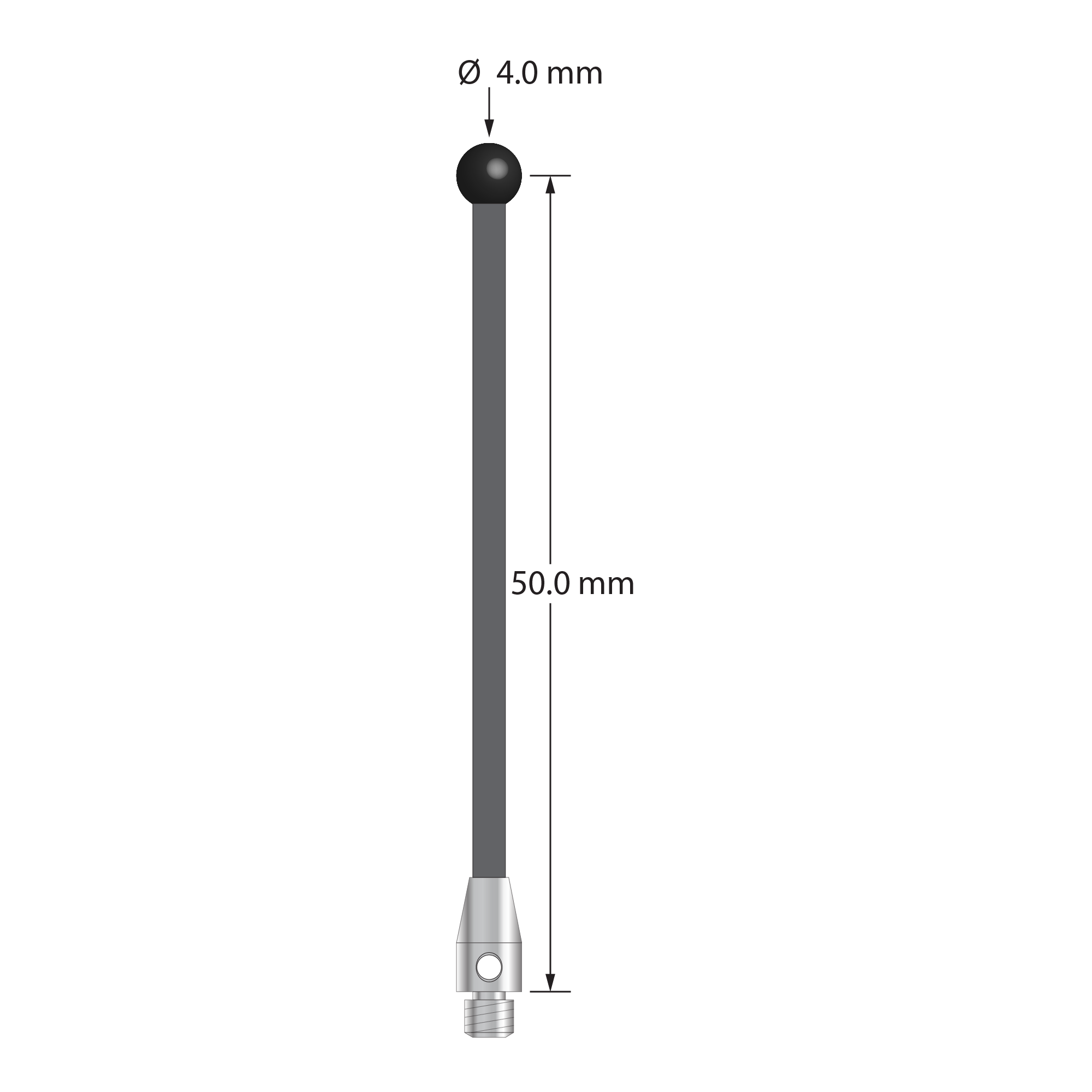 TM3-4052-G-SN M3 stylus with 4.0mm silicon nitride ball, carbon fiber stem, and stainless steel base.