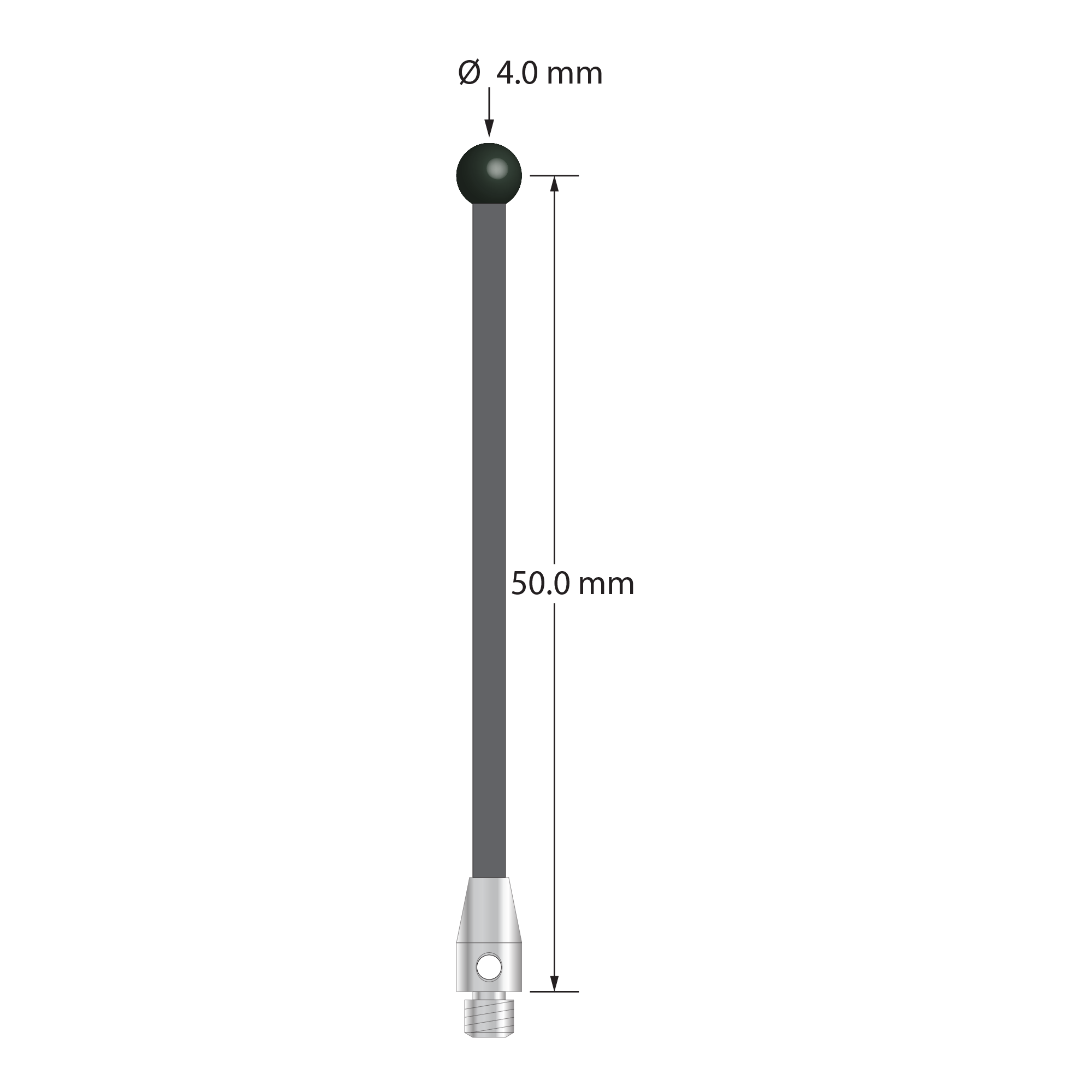 M3 stylus with 4.0 mm diameter silicon nitride ball, 2.0 mm diameter carbon fiber stem, and 4.0 mm diameter x 7.0 mm long stainless steel base. Stylus length to ball center is 50.0 mm. Stylus weight is 0.78 gram.