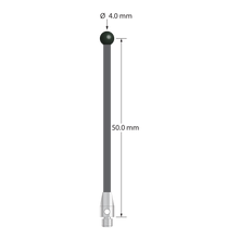 M3 stylus with 4.0 mm diameter silicon nitride ball, 2.0 mm diameter carbon fiber stem, and 4.0 mm diameter x 7.0 mm long stainless steel base. Stylus length to ball center is 50.0 mm. Stylus weight is 0.78 gram.