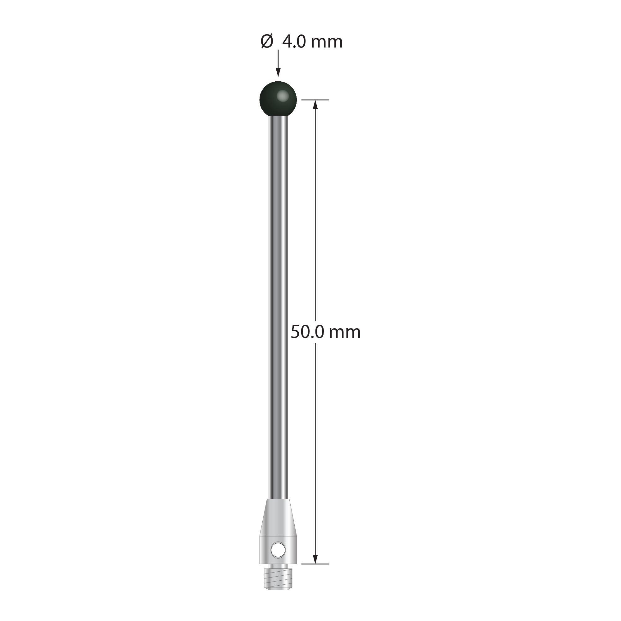 M3 stylus with 4.0 mm diameter silicon nitride ball, 2.0 mm diameter carbide stem, and 3.0 mm diameter x 7.0 mm long stainless steel base. Stylus length to ball center is 50.0 mm. Stylus weight is 2.67 grams.