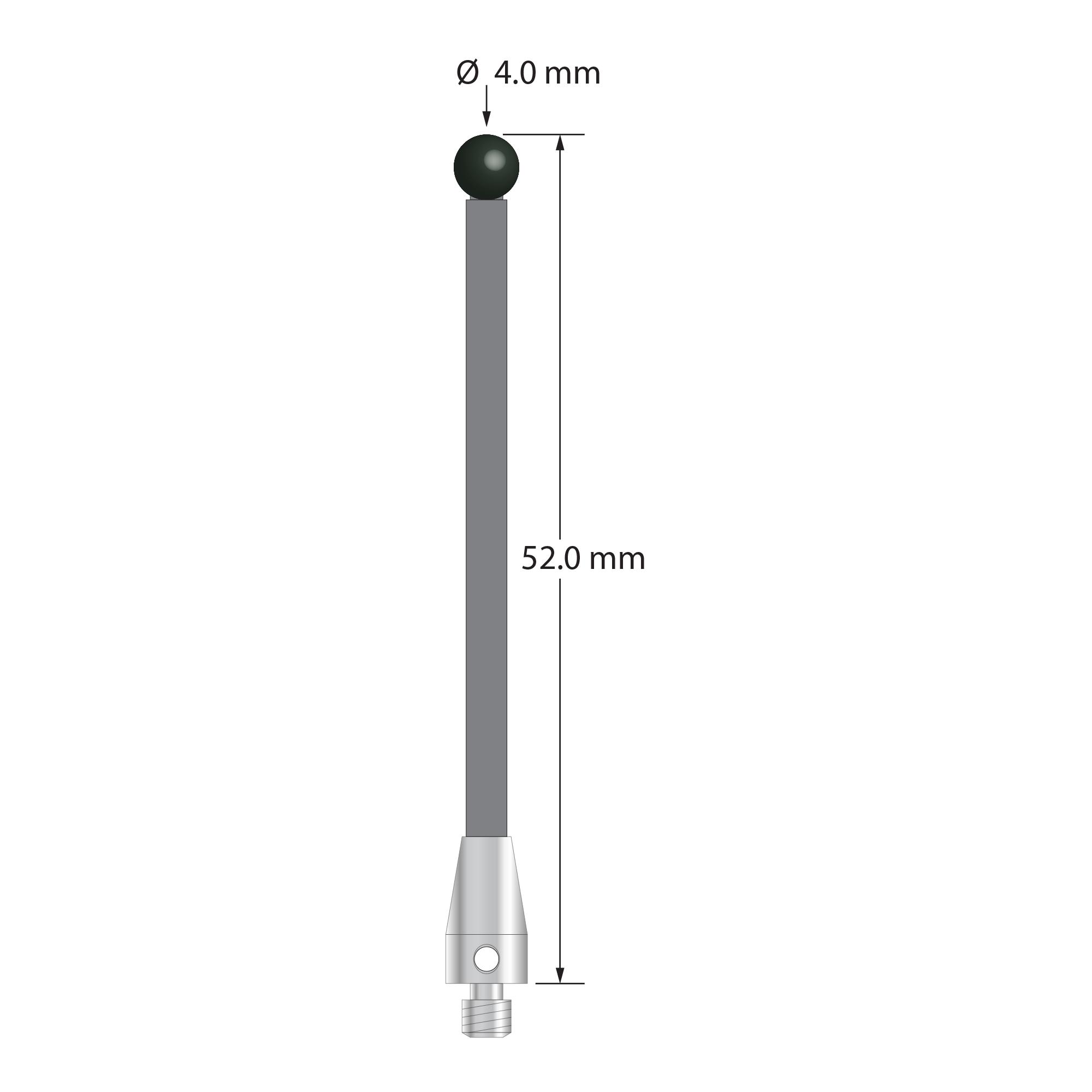 M3 stylus with 4.0 mm diameter silicon nitride ball, 2.5 mm diameter carbon fiber stem, and 5.0 mm diameter x 9.0 mm long titanium base. Overall stylus length is 52.0 mm. Stylus weight is 0.95 gram.