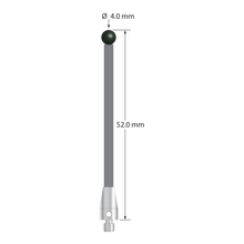 M3 stylus with 4.0 mm diameter silicon nitride ball, 2.5 mm diameter carbon fiber stem, and 5.0 mm diameter x 9.0 mm long titanium base. Overall stylus length is 52.0 mm. Stylus weight is 0.95 gram.