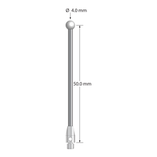 M3 stylus with 4.0 mm diameter zirconia ball, 2.0 mm diameter carbide stem, and 3.0 mm diameter x 7.0 mm long stainless steel base. Stylus length to ball center is 50.0 mm. Stylus weight is 2.67 grams.