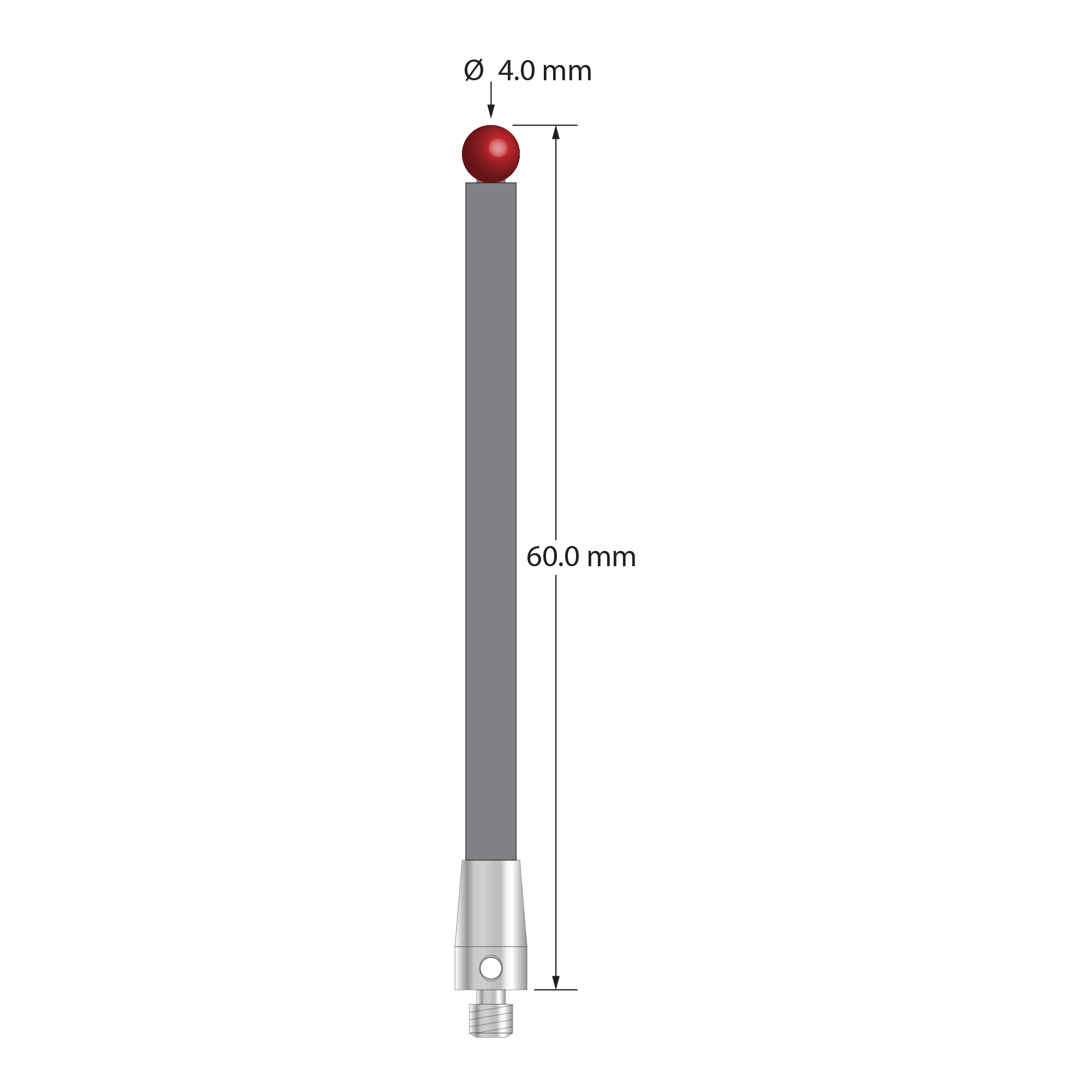 M3 XXT stylus with 4.0 mm diameter ruby ball, 3.5 mm diameter carbon fiber stem, and 5.0 mm diameter x 9.0 mm long titanium base. Overall stylus length is 60.0 mm. Stylus weight is 1.31 gram. Compare to Zeiss 626103-0410-060.