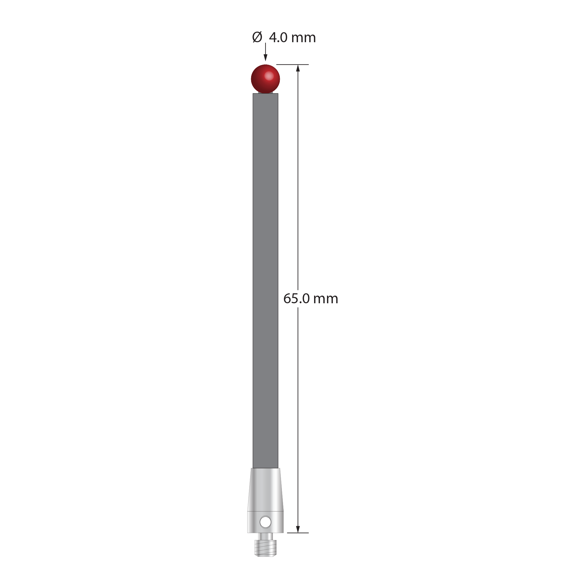 M3 XXT stylus with 4.0 mm diameter ruby ball, 3.5 mm diameter carbon fiber stem, and 5.0 mm diameter x 9.0 mm long titanium base. Overall stylus length is 65.0 mm. Stylus weight is 1.38 gram. Compare to Zeiss 626103-0400-065.