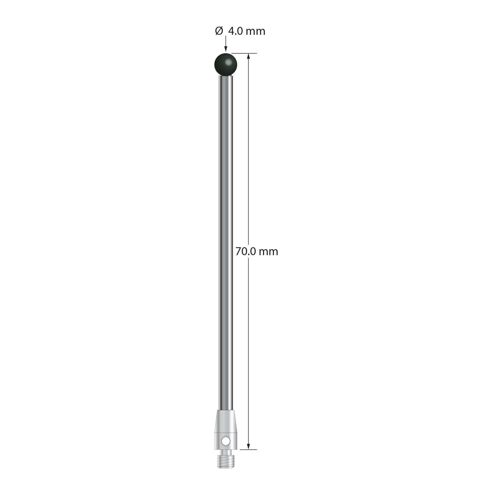 M3 stylus with 4.0 mm silicon nitride ball, 2.5 mm diameter carbide stem, and 4.0 mm diameter x 7.0 mm long stainless steel base. Overall stylus length is 70.0 mm. Stylus weight is 5.02 grams.