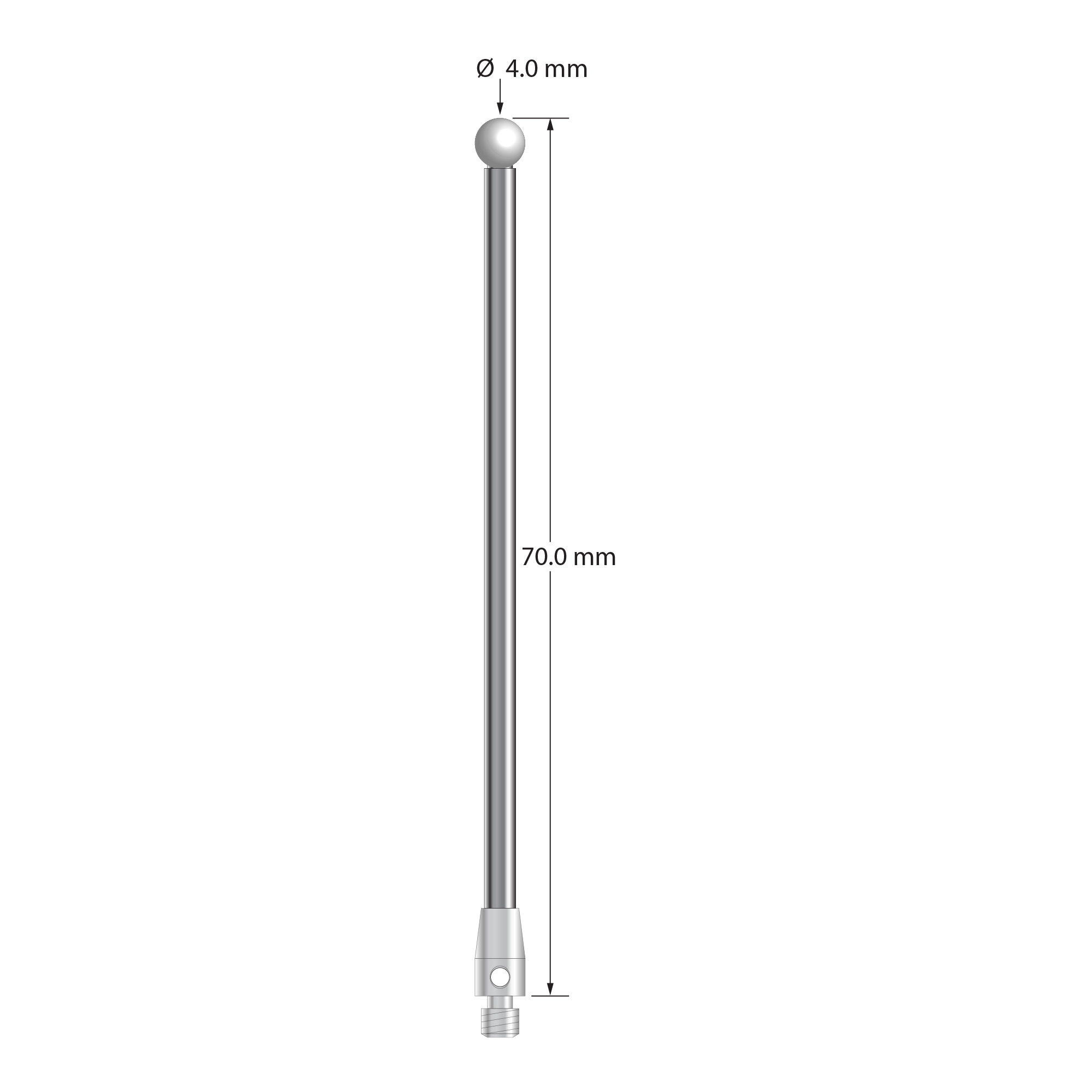 M3 stylus with 4.0 mm zirconia ball, 2.5 mm diameter carbide stem, and 4.0 mm diameter x 7.0 mm long stainless steel base. Overall stylus length is 70.0 mm. Stylus weight is 5.02 grams.