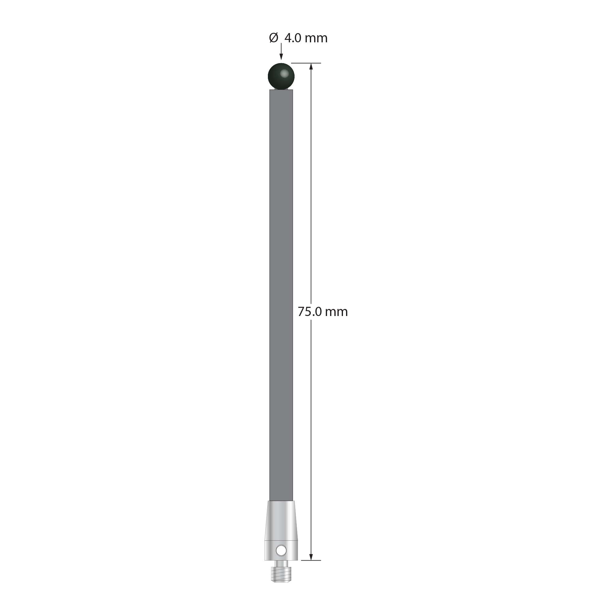 M3 XXT stylus with 4.0 mm diameter silicon nitride ball, 3.5 mm diameter carbon fiber stem, and 5.0 mm diameter x 9.0 mm long titanium base. Overall stylus length is 75.0 mm. Stylus weight is 1.53 grams. Compare to Zeiss 626103-0401-075.