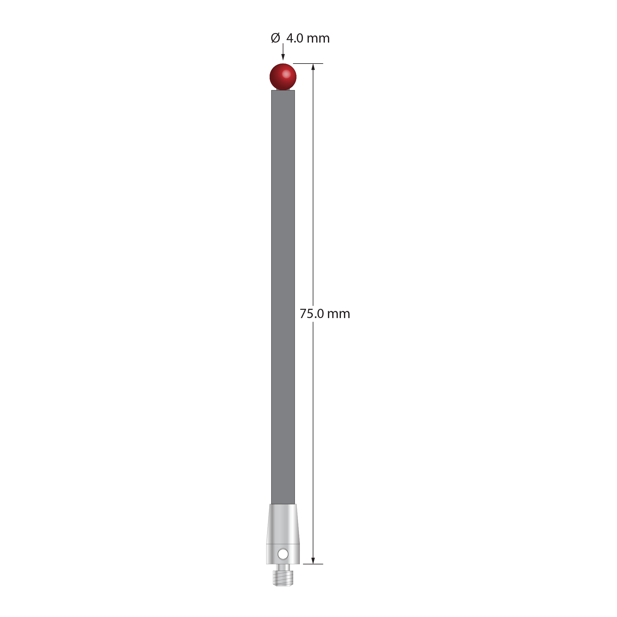 M3 XXT stylus with 4.0 mm diameter ruby ball, 3.5 mm diameter carbon fiber stem, and 5.0 mm diameter x 9.0 mm long titanium base. Overall stylus length is 75.0 mm. Stylus weight is 1.53 gram. Compare to Zeiss 626103-0400-075.