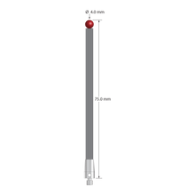 M3 XXT stylus with 4.0 mm diameter ruby ball, 3.5 mm diameter carbon fiber stem, and 5.0 mm diameter x 9.0 mm long titanium base. Overall stylus length is 75.0 mm. Stylus weight is 1.53 gram. Compare to Zeiss 626103-0400-075.
