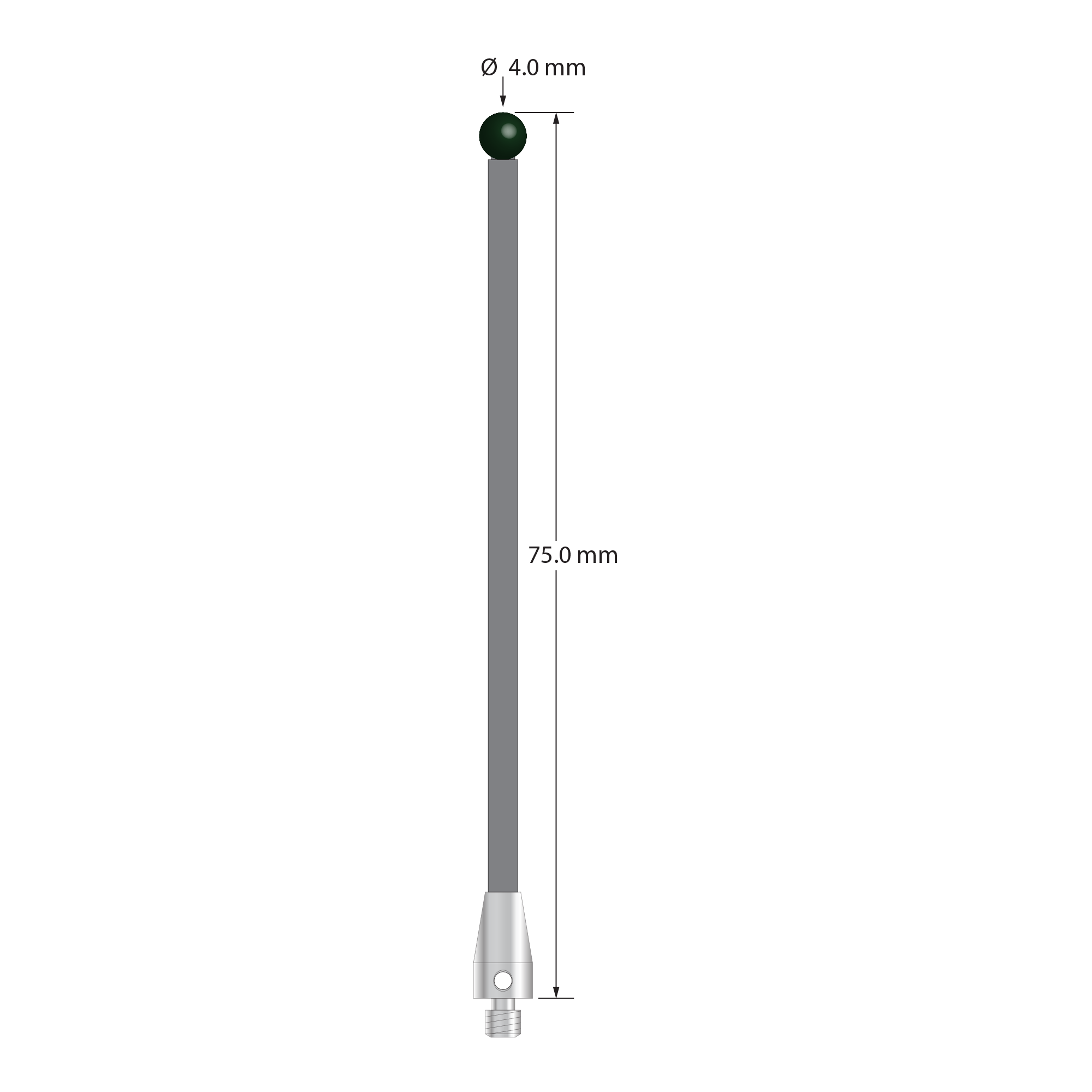 M3 stylus with 4.0 mm diameter silicon nitride ball, 2.5 mm diameter carbon fiber stem, and 5.0 mm diameter x 9.0 mm long titanium base. Overall stylus length is 75.0 mm. Stylus weight is 1.27 gram.