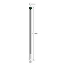 M3 stylus with 4.0 mm diameter silicon nitride ball, 2.5 mm diameter carbon fiber stem, and 5.0 mm diameter x 9.0 mm long titanium base. Overall stylus length is 75.0 mm. Stylus weight is 1.27 gram.