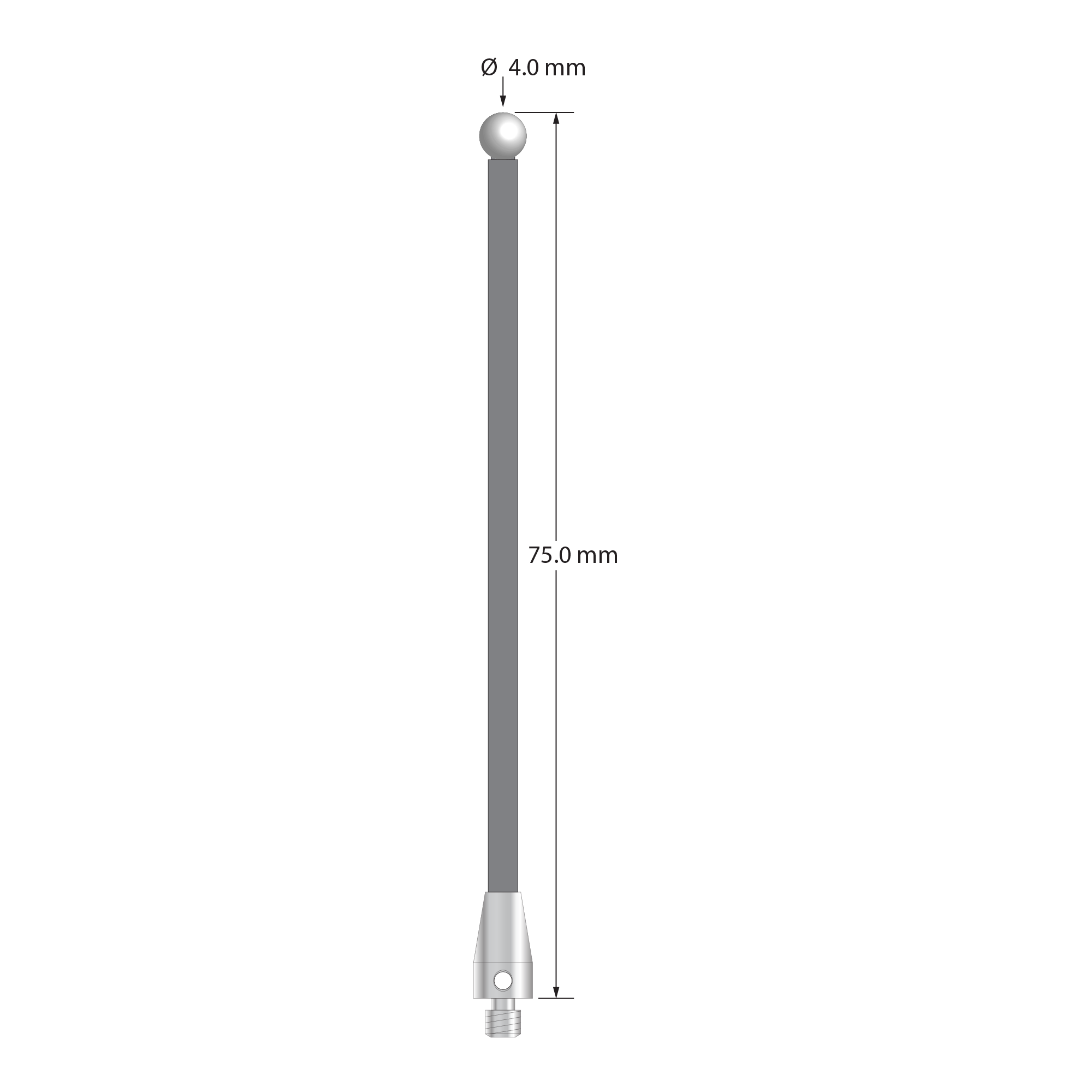 M3 stylus with 4.0 mm diameter zirconia ball, 2.5 mm diameter carbon fiber stem, and 5.0 mm diameter x 9.0 mm long titanium base. Overall stylus length is 75.0 mm. Stylus weight is 1.27 gram.