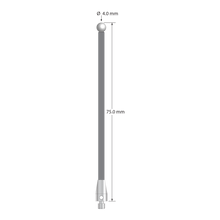 M3 stylus with 4.0 mm diameter zirconia ball, 2.5 mm diameter carbon fiber stem, and 5.0 mm diameter x 9.0 mm long titanium base. Overall stylus length is 75.0 mm. Stylus weight is 1.27 gram.