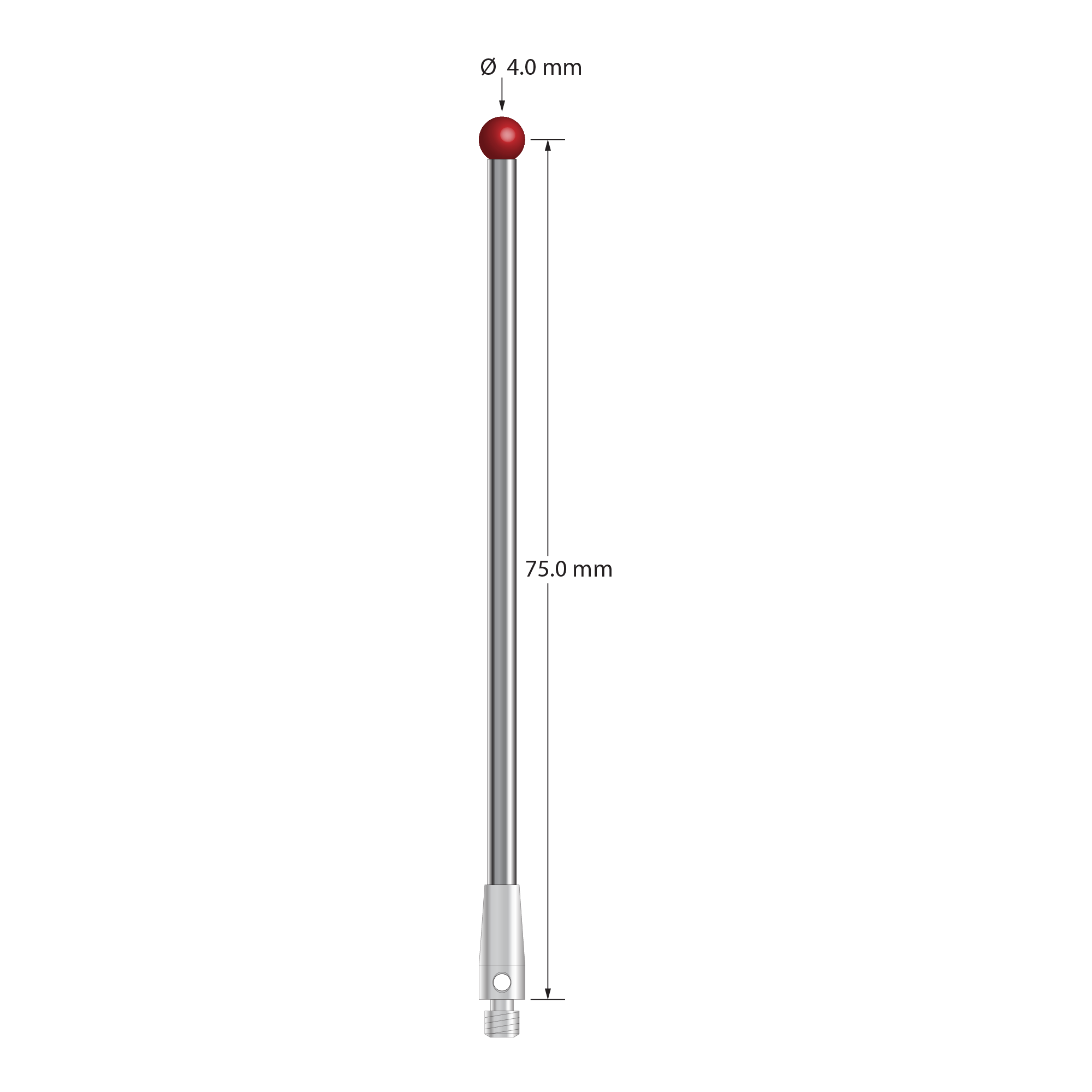 M3 stylus with 4.0 mm diameter ruby ball, 2.5 mm diameter carbide stem, and 4.0 mm diameter x 10.0 mm long stainless steel base. Stylus length to ball center is 75.0 mm. Stylus weight is 5.49 grams. Compare to Blum 143906.
