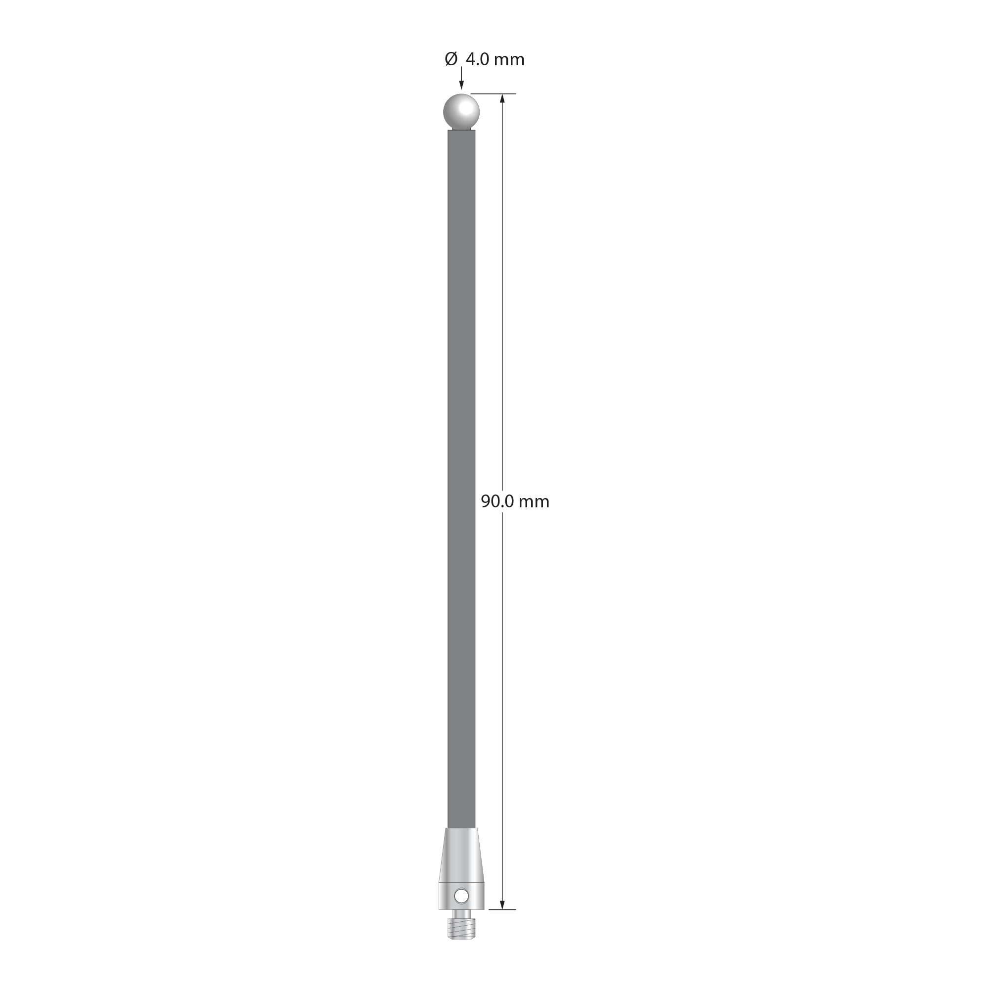 M3 stylus with 4.0 mm diameter zirconia ball, 3.0 mm diameter carbon fiber stem, and 5.0 mm diameter x 9.0 mm long titanium base. Overall stylus length is 90.0 mm. Stylus weight is 1.49 grams.