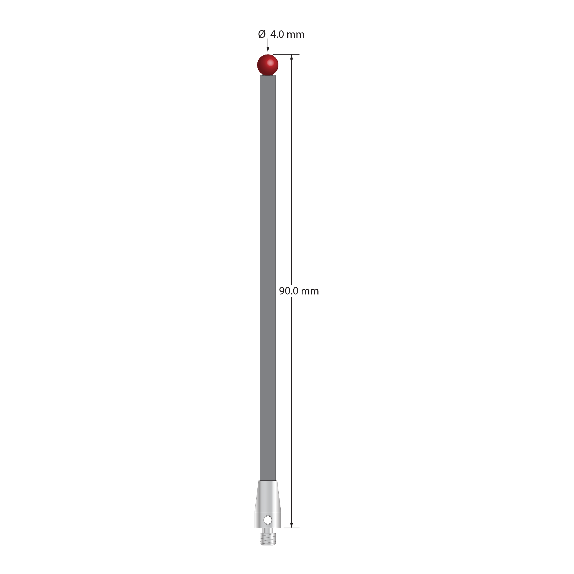 M3 stylus with 4.0 mm diameter ruby ball, 3.0 mm diameter carbon fiber stem, and 5.0 mm diameter x 9.0 mm long titanium base. Overall stylus length is 90.0 mm. Stylus weight is 1.49 grams.