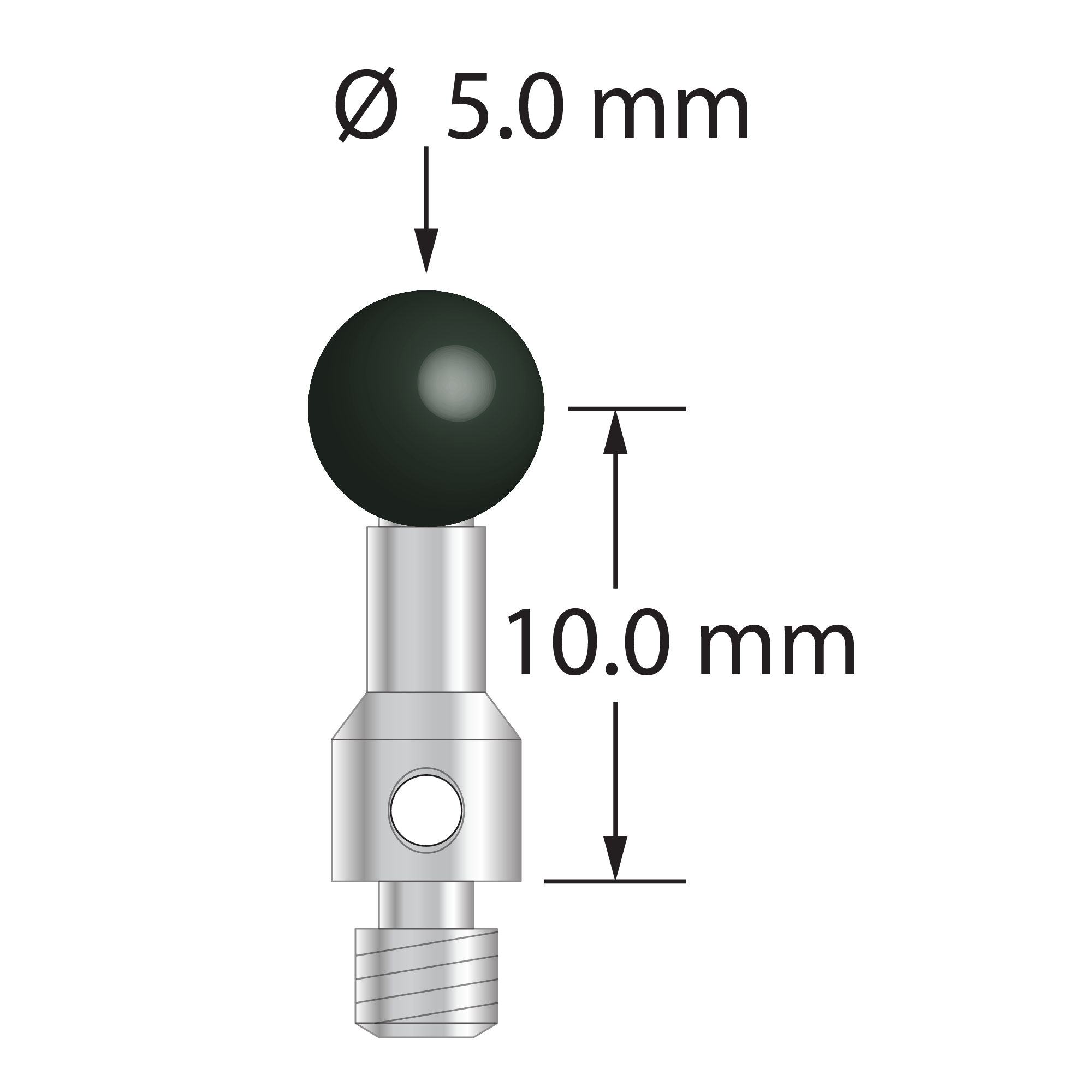 M3 stylus for ROMER arm CMM with 5.0 mm silicon nitride ball, 2.5 mm diameter stainless steel stem, and 4.0 mm diameter x 4.0 mm long stainless steel base. Stylus length to ball center is 10.0 mm. Stylus weight is 1.20 grams.