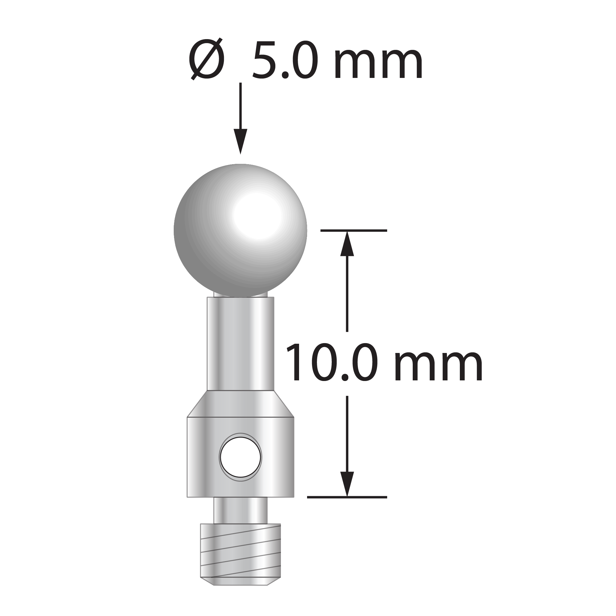 M3 stylus for ROMER arm CMM with 5.0 mm zirconia ball, 2.5 mm diameter stainless steel stem, and 4.0 mm diameter x 4.0 mm long stainless steel base. Stylus length to ball center is 10.0 mm. Stylus weight is 1.20 grams.