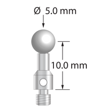 M3 stylus for ROMER arm CMM with 5.0 mm zirconia ball, 2.5 mm diameter stainless steel stem, and 4.0 mm diameter x 4.0 mm long stainless steel base. Stylus length to ball center is 10.0 mm. Stylus weight is 1.20 grams.