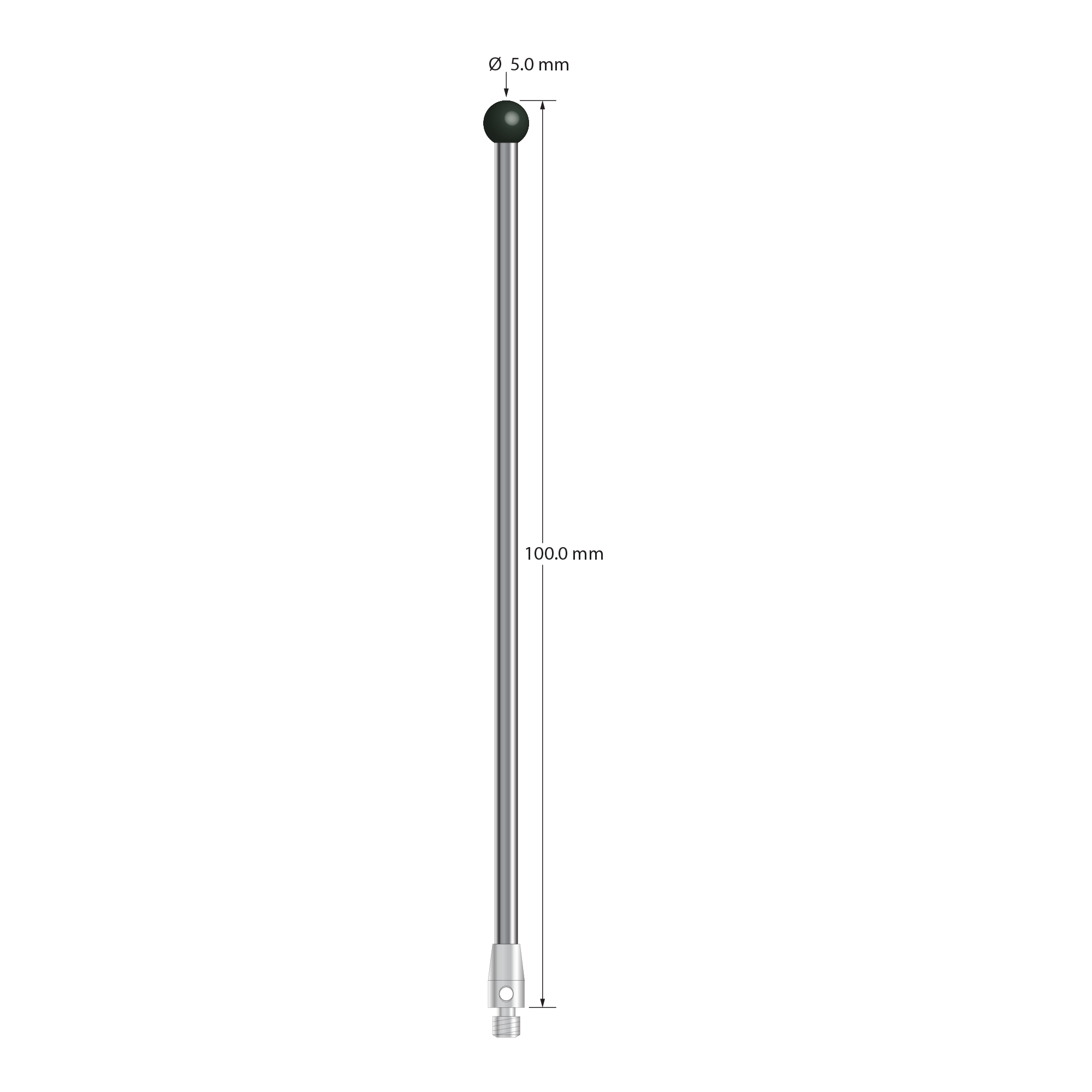 M3 stylus with 5.0 mm diameter silicon nitride ball, 2.5 mm diameter carbide stem, and 4.0 mm diameter x 7.0 mm long stainless steel base. Overall stylus length is 100.0 mm. Stylus weight is 6.82 grams.