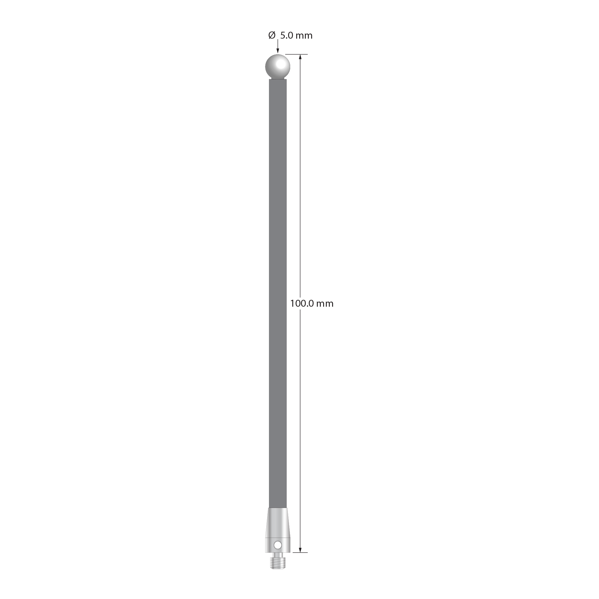 M3 stylus with 5.0 mm diameter zirconia ball, 3.5 mm diameter carbon fiber stem, and 5.0 mm diameter x 9.0 mm long titanium base. Overall stylus length is 100.0 mm. Stylus weight is 1.84 grams.