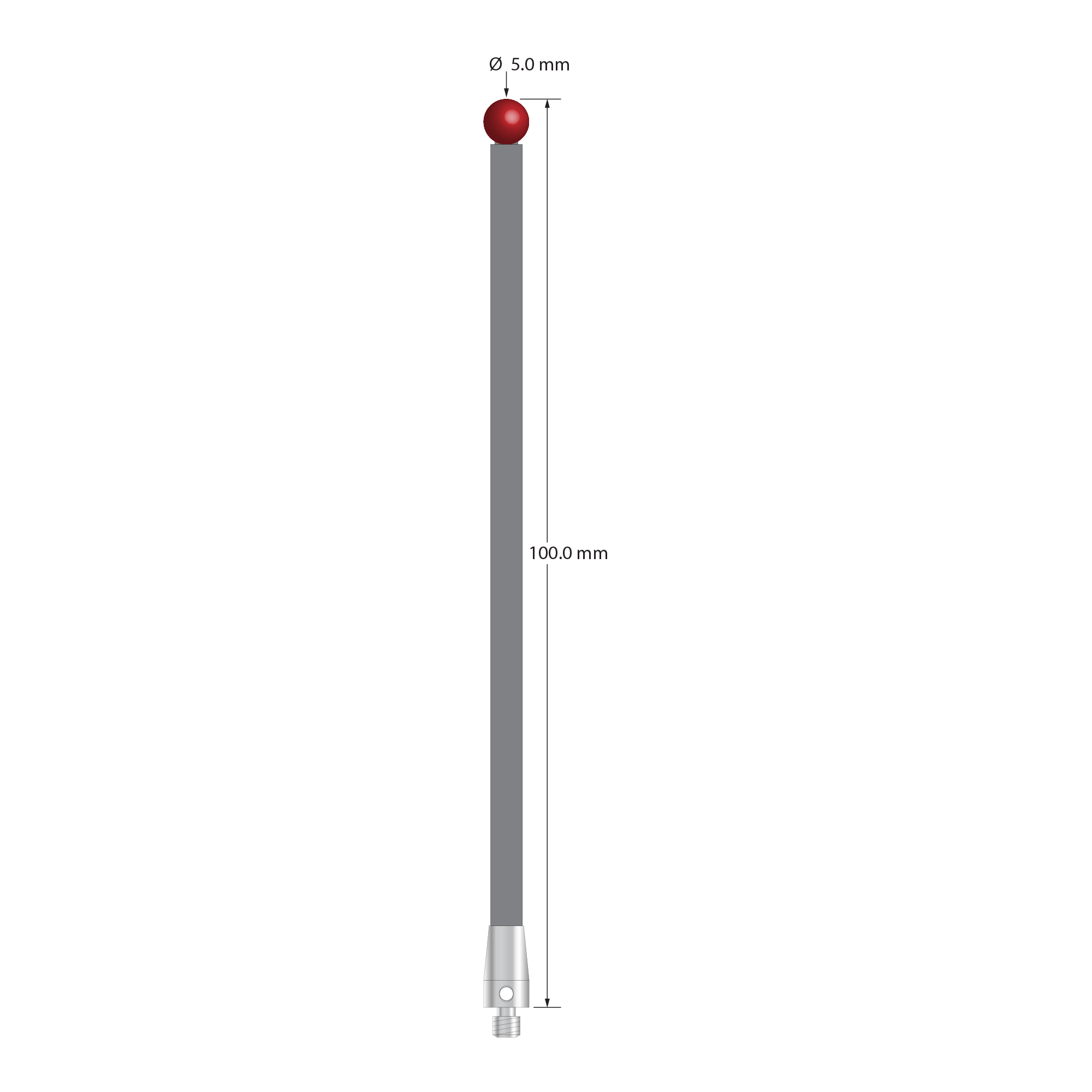 M3 stylus with 5.0 mm diameter ruby ball, 3.5 mm diameter carbon fiber stem, and 5.0 mm diameter x 9.0 mm long titanium base. Overall stylus length is 100.0 mm. Stylus weight is 1.84 grams. Compare to Zeiss 626103-0500-100.