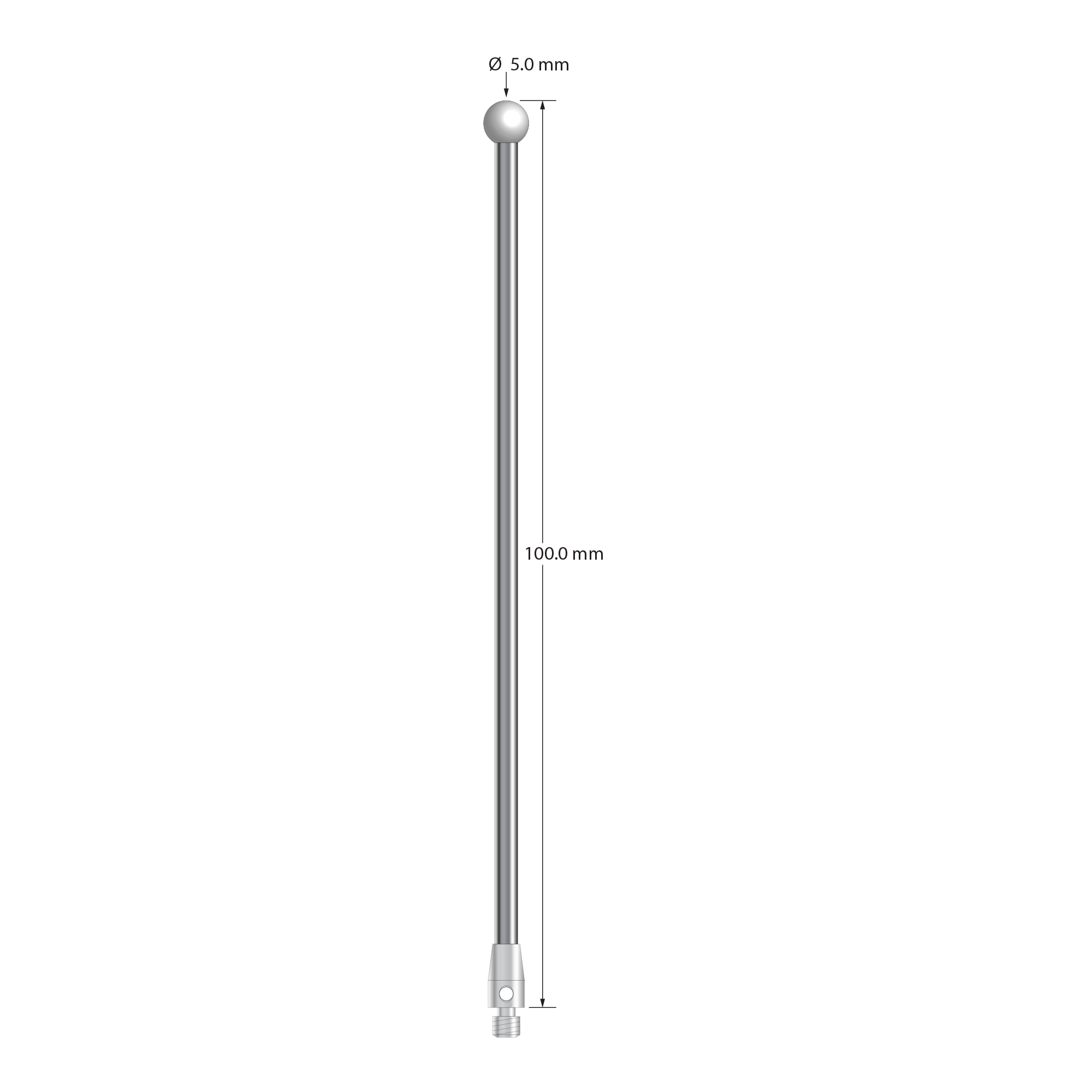 M3 stylus with 5.0 mm diameter zirconia ball, 2.5 mm diameter carbide stem, and 4.0 mm diameter x 7.0 mm long stainless steel base. Overall stylus length is 100.0 mm. Stylus weight is 6.82 grams.
