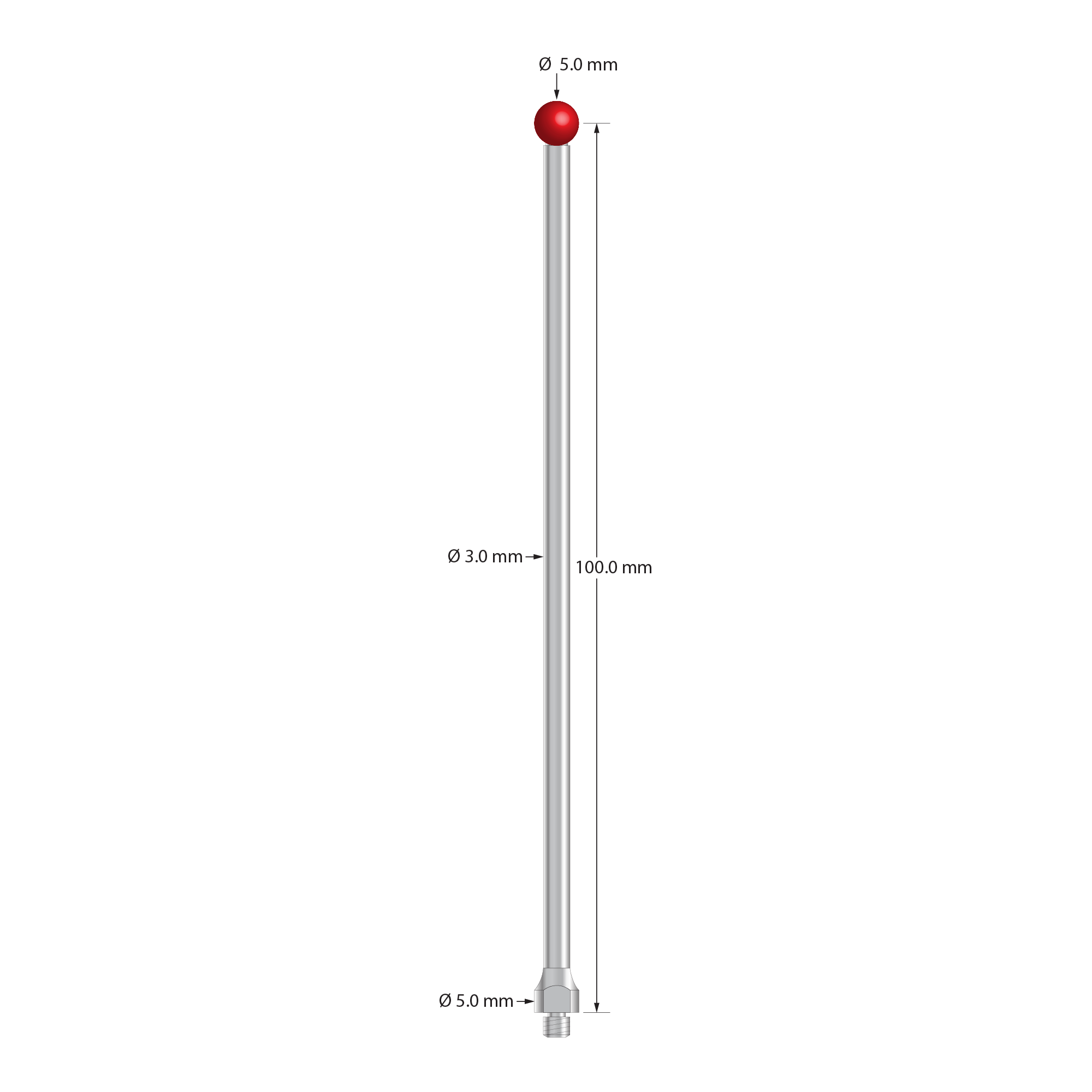 M3 Hexagon compatible stylus with 5.0 mm diameter ruby ball, 3.0 mm diameter stainless steel stem, and 5.0 mm diameter stainless steel base with 4.0 mm wrench flats for tightening. Stylus length to ball center is 100.0 mm. Compare to Hexagon M00-694-230-000.