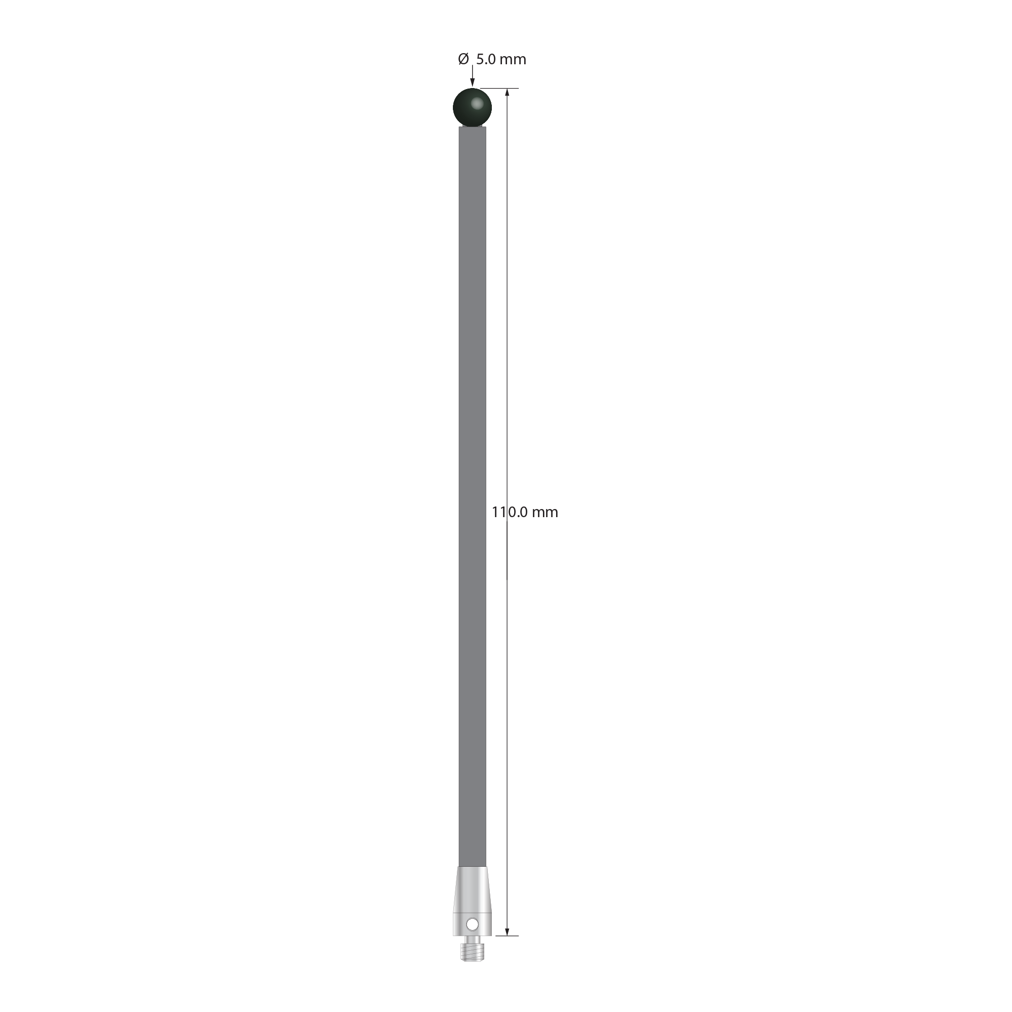 M3 stylus with 5.0 mm diameter silicon nitride ball, 3.5 mm diameter carbon fiber stem, and 5.0 mm diameter x 9.0 mm long titanium base. Overall stylus length is 110.0 mm. Stylus weight is 1.99 grams. Compare to Zeiss 626103-0500-110.