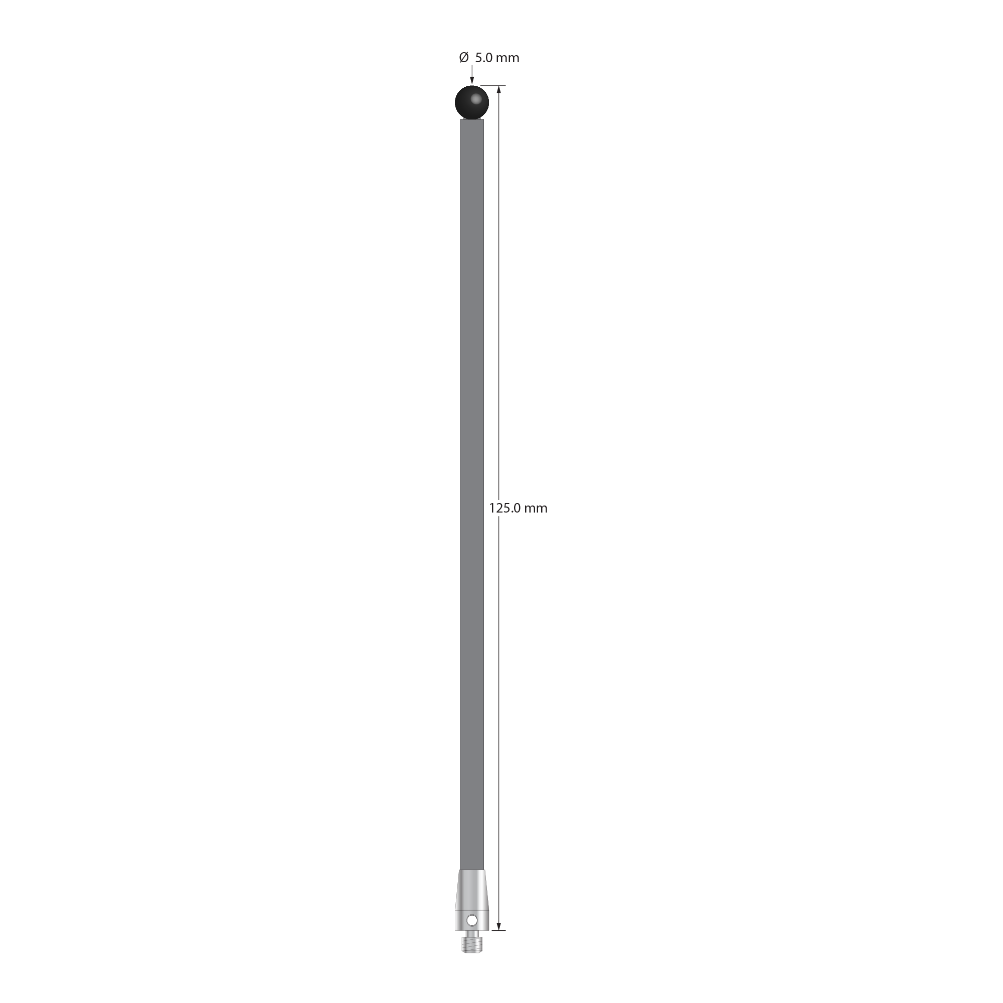 TM3-50125-TX-SN M3 stylus with 5.0mm silicon nitride ball, carbon fiber stem, and titanium base.