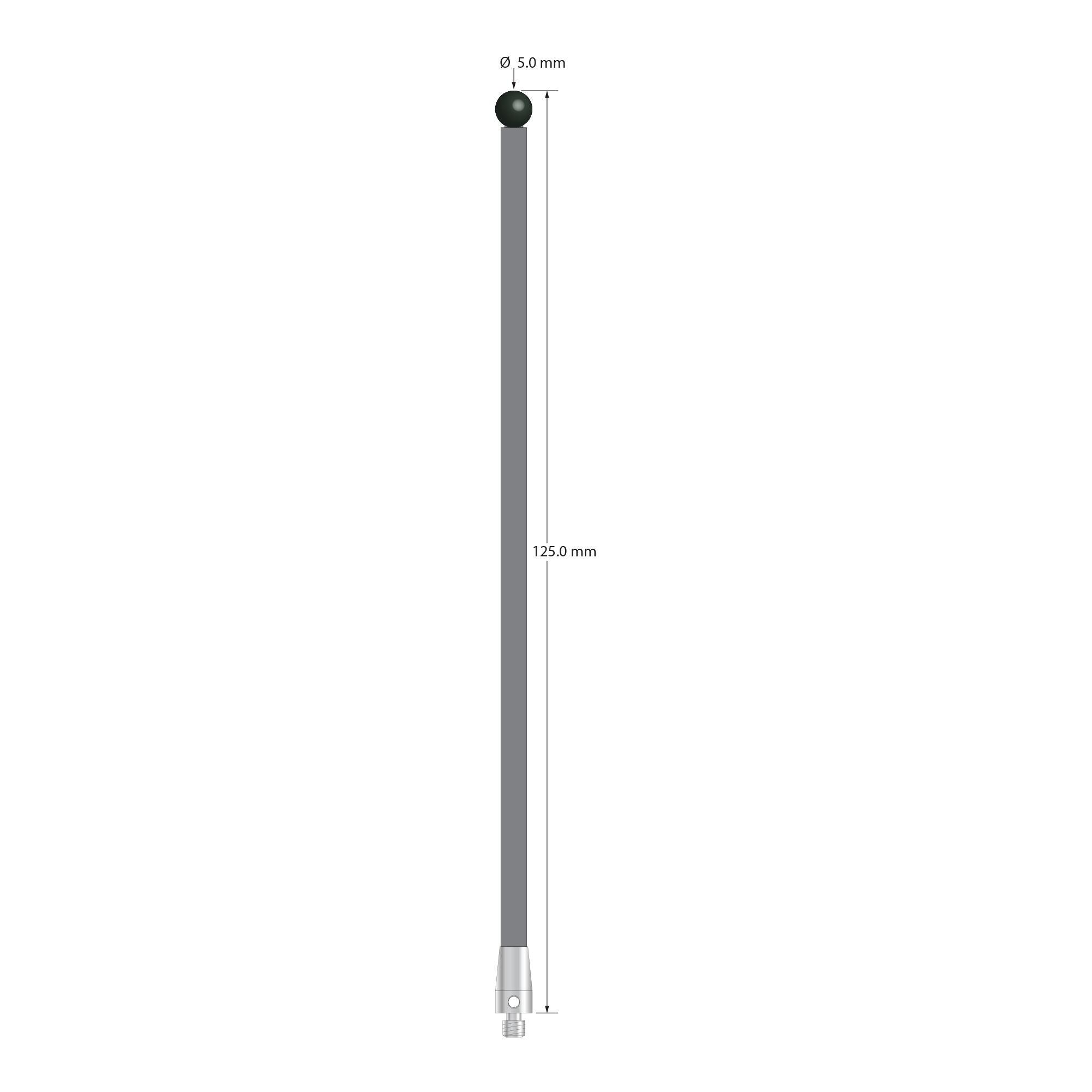 M3 XXT stylus with 5.0 mm diameter silicon nitride ball, 3.5 mm diameter carbon fiber stem, and 5.0 mm diameter x 9.0 mm long titanium base. Overall stylus length is 150.0 mm. Stylus weight is 2.21 grams.