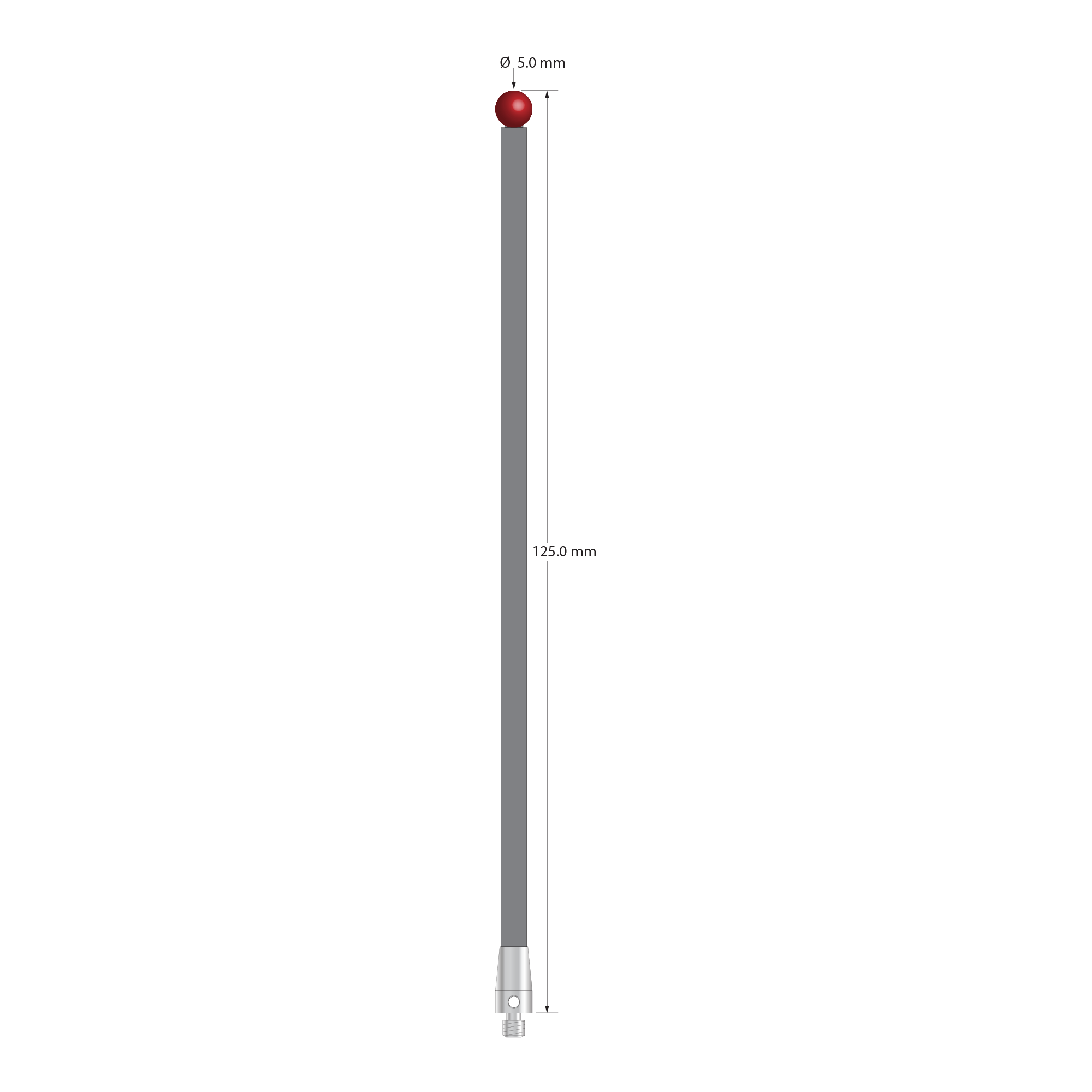 M3 XXT stylus with 5.0 mm diameter ruby ball, 3.5 mm diameter carbon fiber stem, and 5.0 mm diameter x 9.0 mm long titanium base. Overall stylus length is 125.0 mm. Stylus weight is 2.21 grams. Compare to Zeiss 626103-0500-125.