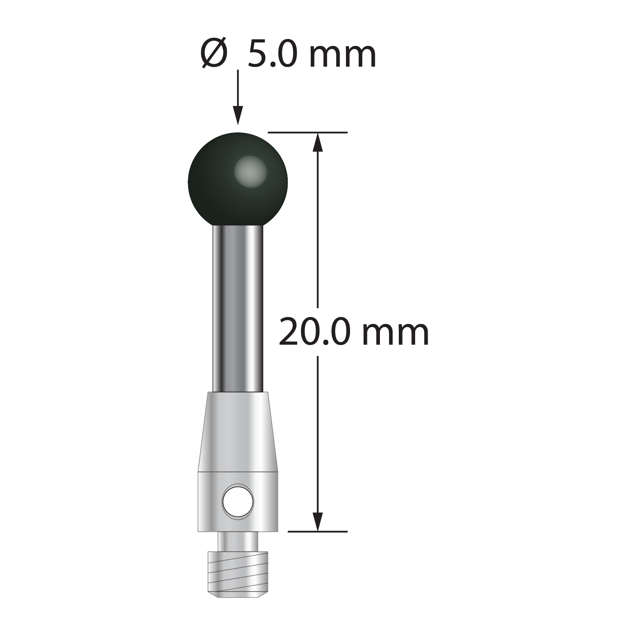 M3 stylus with 5.0 mm diameter silicon nitride ball, 2.5 mm diameter carbide stem, and 4.0 mm diameter x 7.0 mm long stainless steel base. Overall stylus length is 20.0 mm. Stylus weight is 1.70 grams.