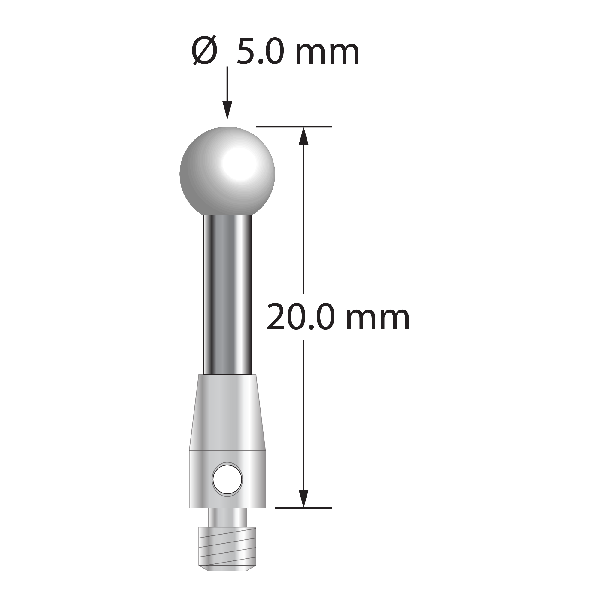 M3 stylus with 5.0 mm diameter zirconia ball, 2.5 mm diameter carbide stem, and 4.0 mm diameter x 7.0 mm long stainless steel base. Overall stylus length is 20.0 mm. Stylus weight is 1.70 grams.