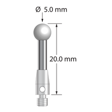 M3 stylus with 5.0 mm diameter zirconia ball, 2.5 mm diameter carbide stem, and 4.0 mm diameter x 7.0 mm long stainless steel base. Overall stylus length is 20.0 mm. Stylus weight is 1.70 grams.