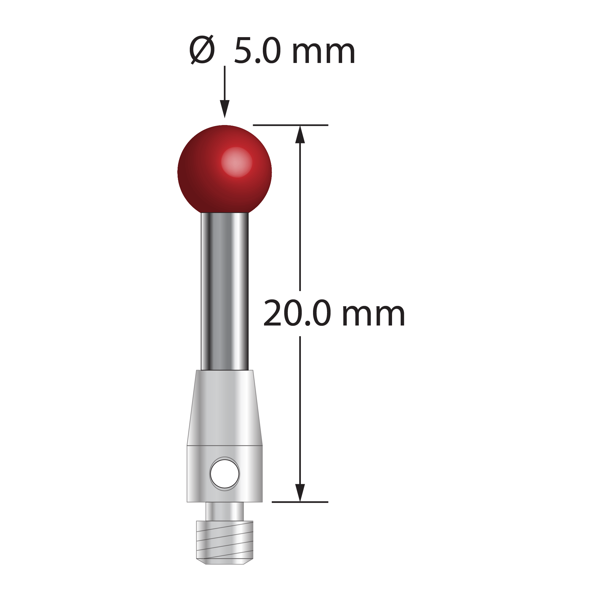 M3 stylus with 5.0 mm diameter ruby ball, 2.5 mm diameter carbide stem, and 4.0 mm diameter x 7.0 mm long stainless steel base. Overall stylus length is 20.0 mm. Stylus weight is 1.70 grams.