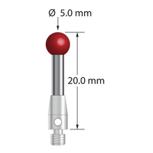 M3 stylus with 5.0 mm diameter ruby ball, 2.5 mm diameter carbide stem, and 4.0 mm diameter x 7.0 mm long stainless steel base. Overall stylus length is 20.0 mm. Stylus weight is 1.70 grams.