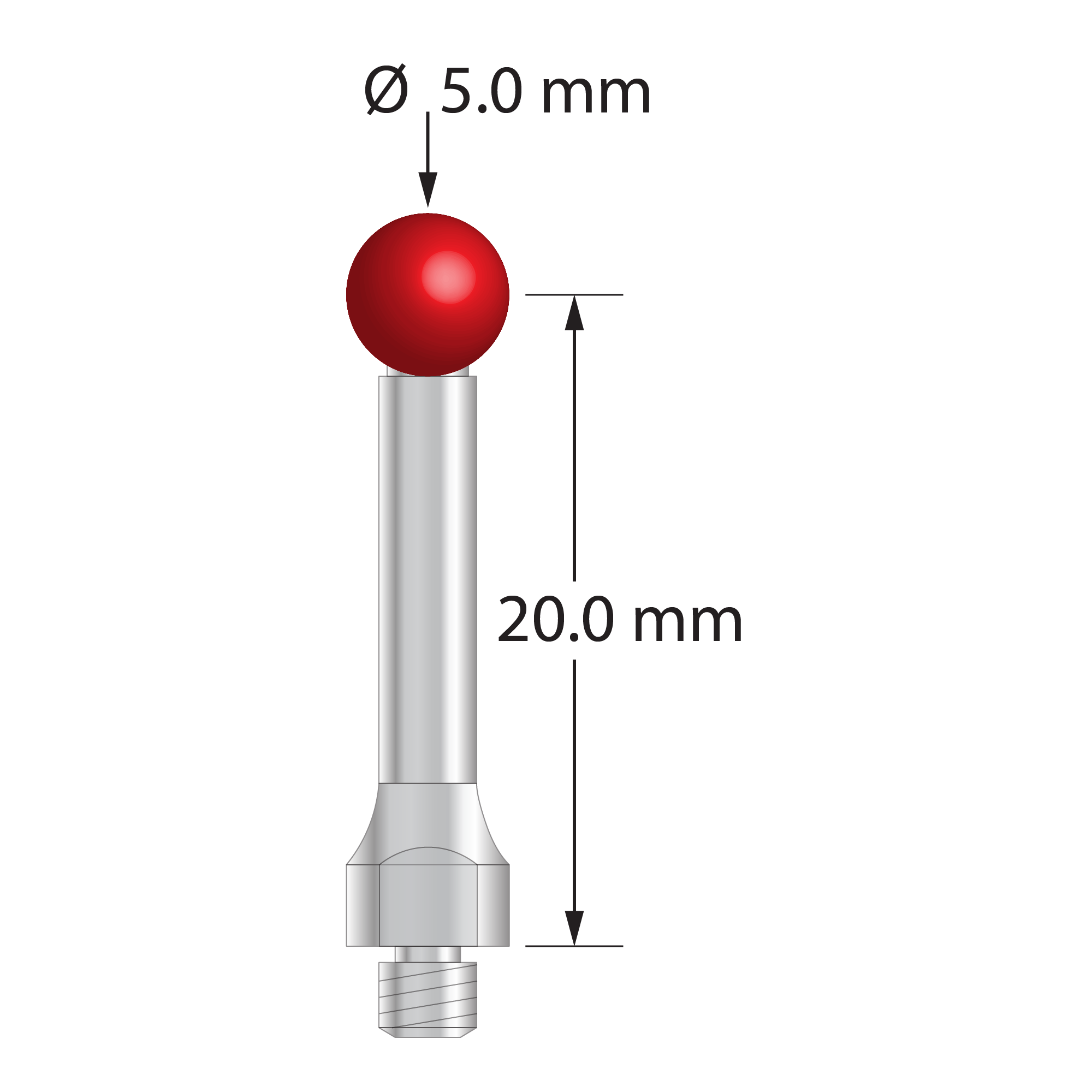 M3 Hexagon compatible stylus with 5.0 mm diameter ruby ball, 3.0 mm diameter stainless steel stem, and 5.0 mm diameter stainless steel base with 4.0 mm wrench flats for tightening. Stylus length to ball center is 20.0 mm. Compare to Hexagon M00-694-212-000.