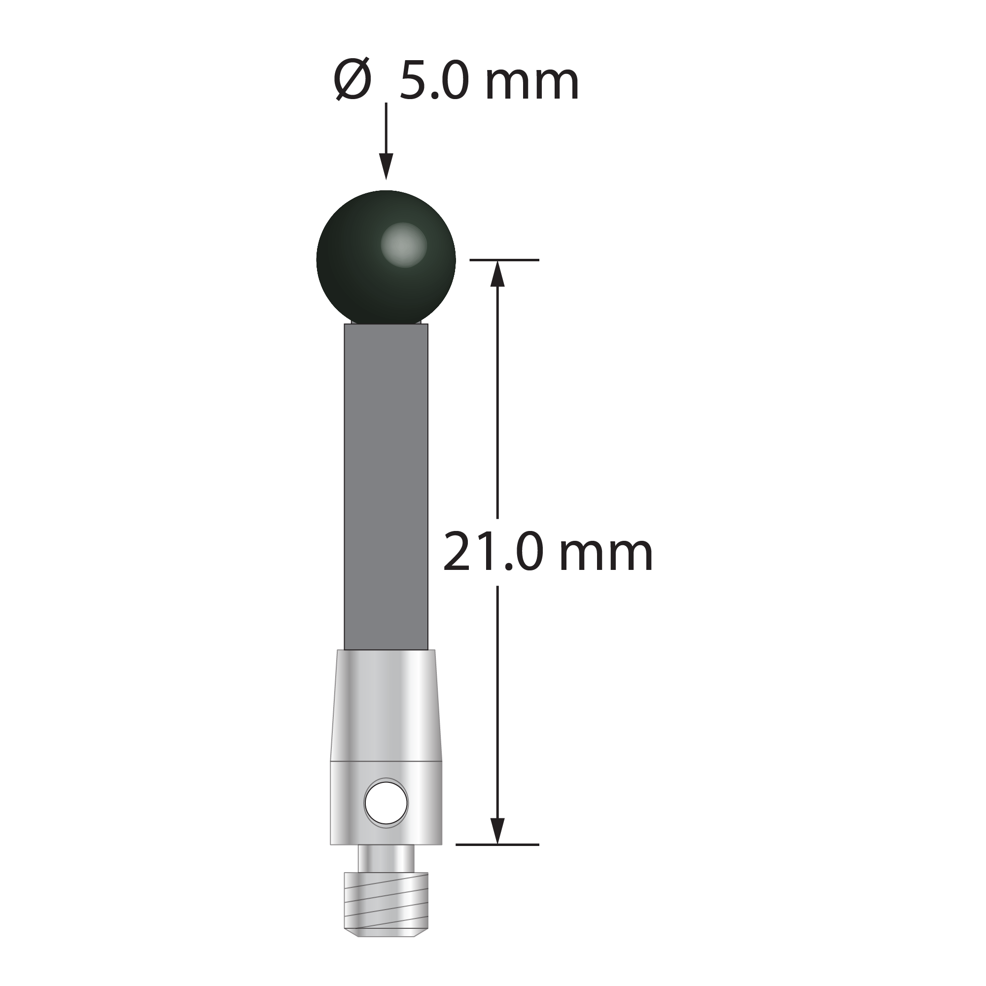 M3 stylus with 5.0 mm diameter silicon nitride ball, 3.0 mm diameter carbon fiber stem, and 4.0 mm diameter x 7.0 mm long stainless steel base. Stylus length to ball center is 21.0 mm. Stylus weight is 0.77 gram.