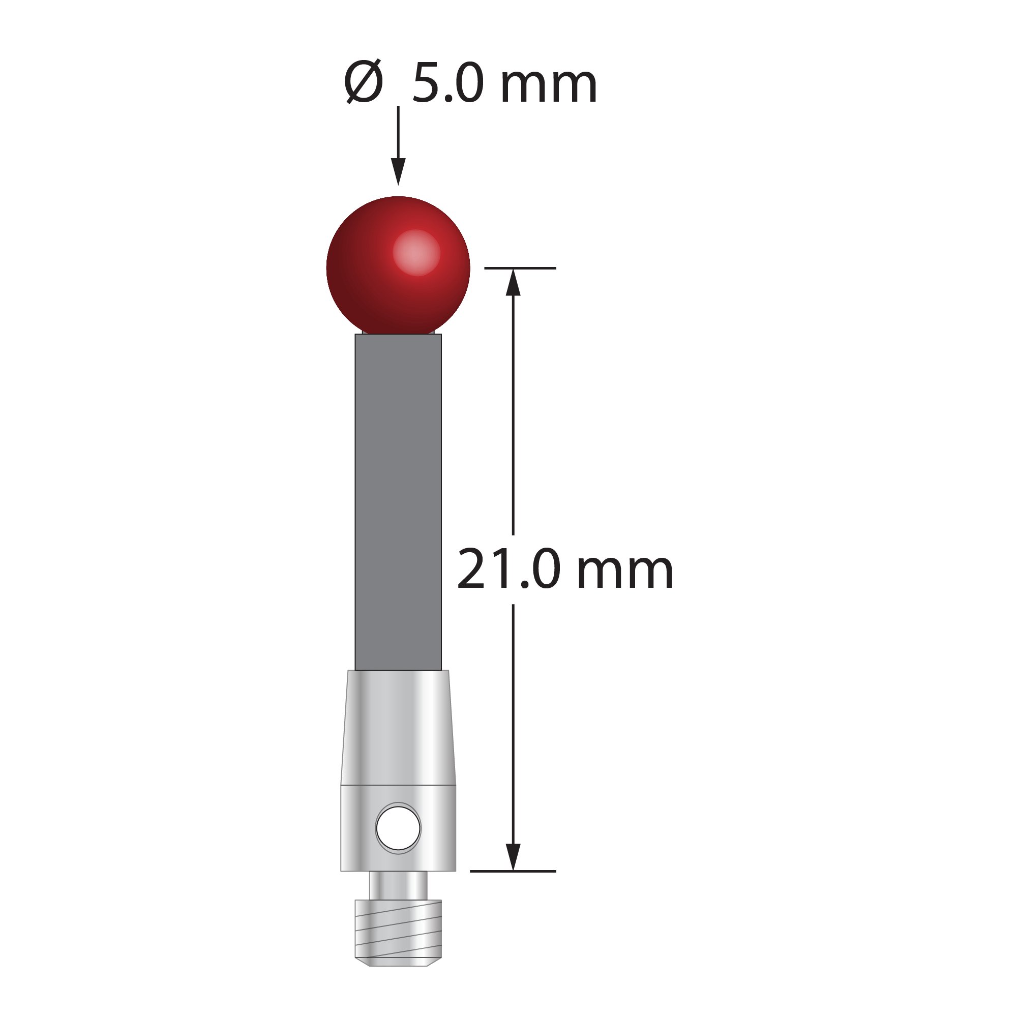M3 stylus with 5.0 mm diameter ruby ball, 3.0 mm diameter carbon fiber stem, and 4.0 mm diameter x 7.0 mm long stainless steel base. Stylus length to ball center is 21.0 mm. Stylus weight is 0.77 gram.