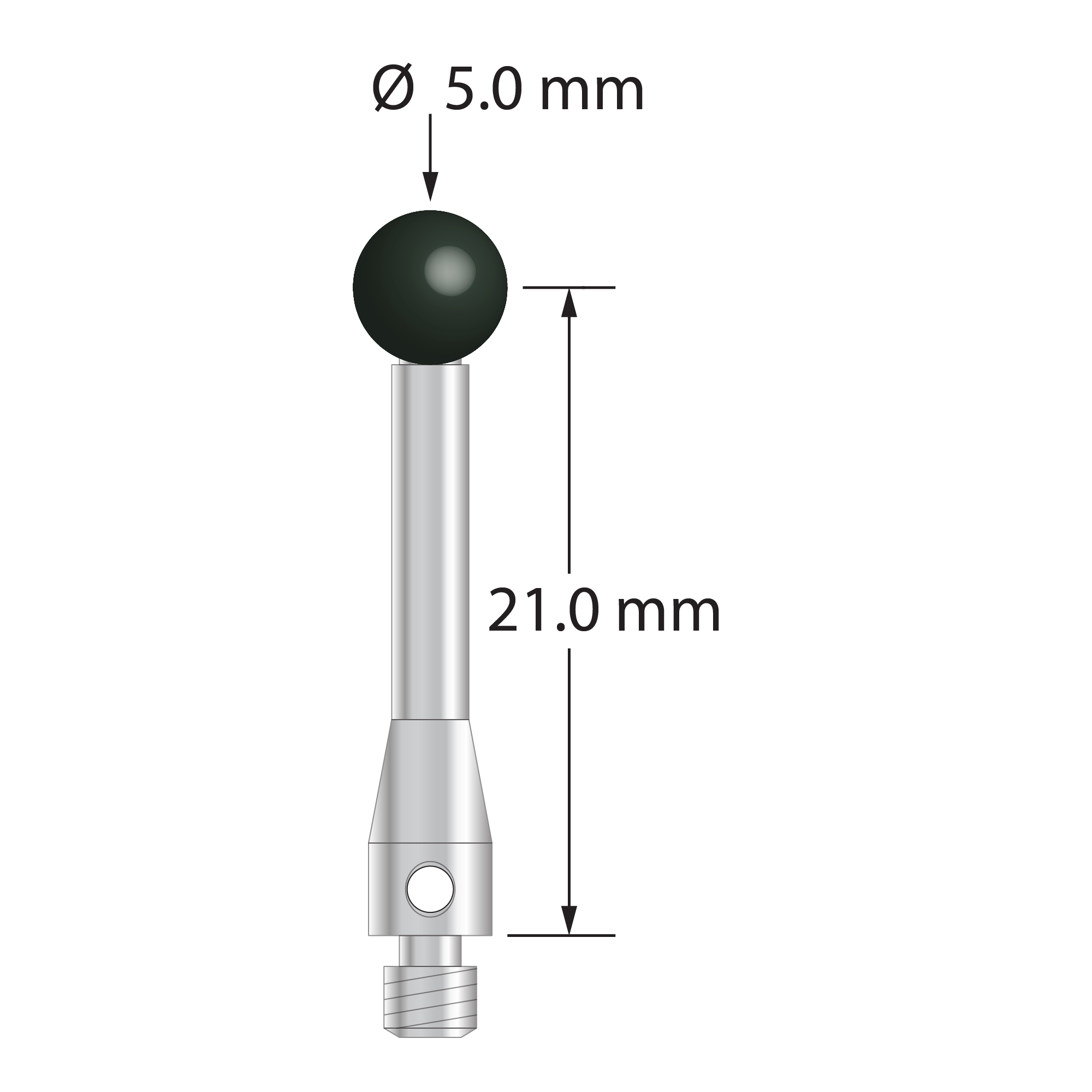 M3 stylus with 5.0 mm diameter silicon nitride ball, 2.5 mm diameter stainless steel stem, and 4.0 mm diameter x 7.0 mm long stainless steel base. Stylus length to ball center is 21.0 mm. Weight is 1.60 grams.