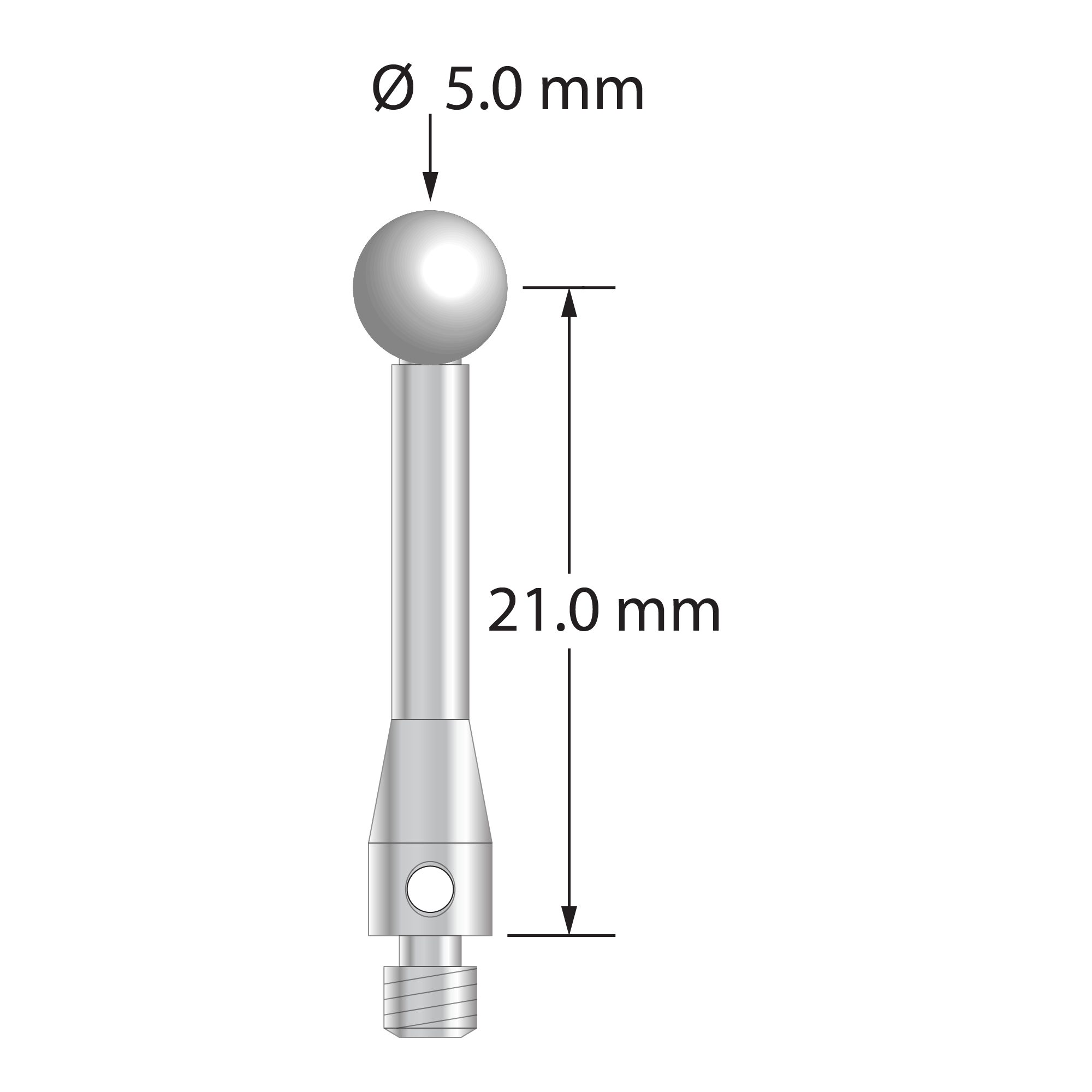 M3 stylus with 5.0 mm diameter zirconia ball, 2.5 mm diameter stainless steel stem, and 4.0 mm diameter x 7.0 mm long stainless steel base. Stylus length to ball center is 21.0 mm. Weight is 1.60 grams.