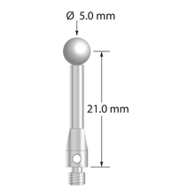 M3 stylus with 5.0 mm diameter zirconia ball, 2.5 mm diameter stainless steel stem, and 4.0 mm diameter x 7.0 mm long stainless steel base. Stylus length to ball center is 21.0 mm. Weight is 1.60 grams.