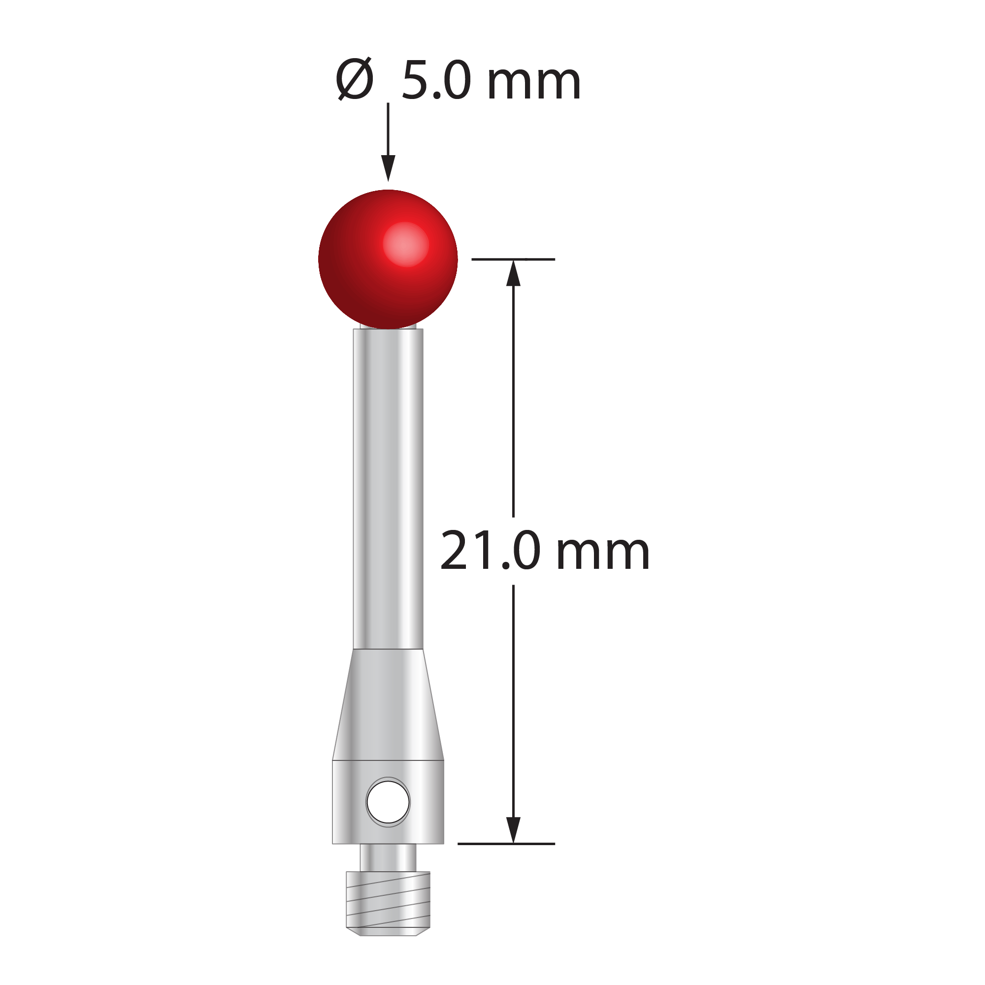M3 stylus with 5.0 mm diameter ruby ball, 2.5 mm diameter stainless steel stem, and 4.0 mm diameter x 7.0 mm long stainless steel base. Stylus length to ball center is 21.0 mm. Weight is 1.60 grams. Compare to Renishaw A-5000-7630, Mitutoyo K651150, and Carbide Probes 261-5R.