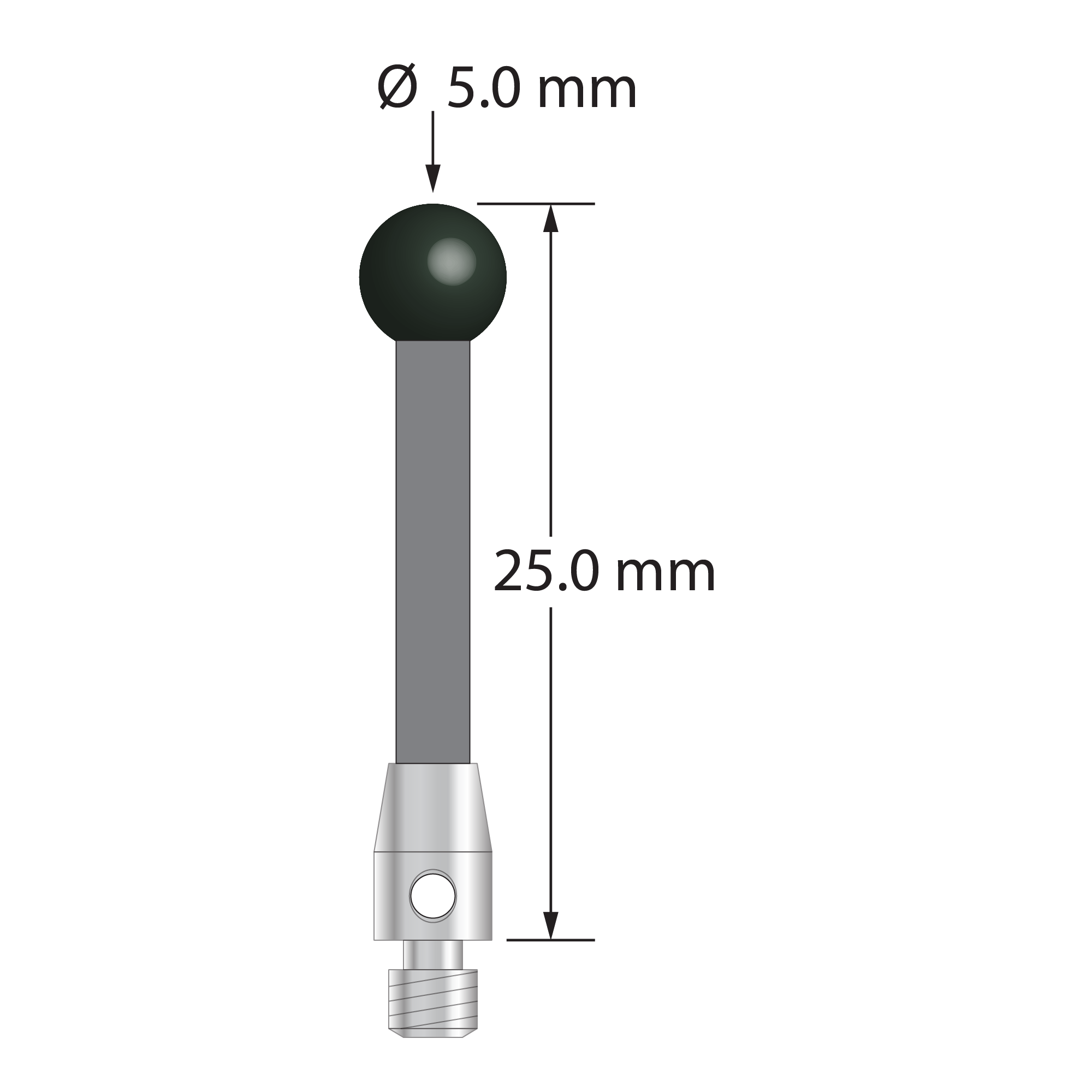 M3 stylus with 5.0 mm diameter silicon nitride ball, 2.5 mm diameter carbon fiber stem, and 4.0 mm diameter x 7.0 mm long stainless steel base. Overall stylus length is 25.0 mm. Stylus weight is 0.78 gram.