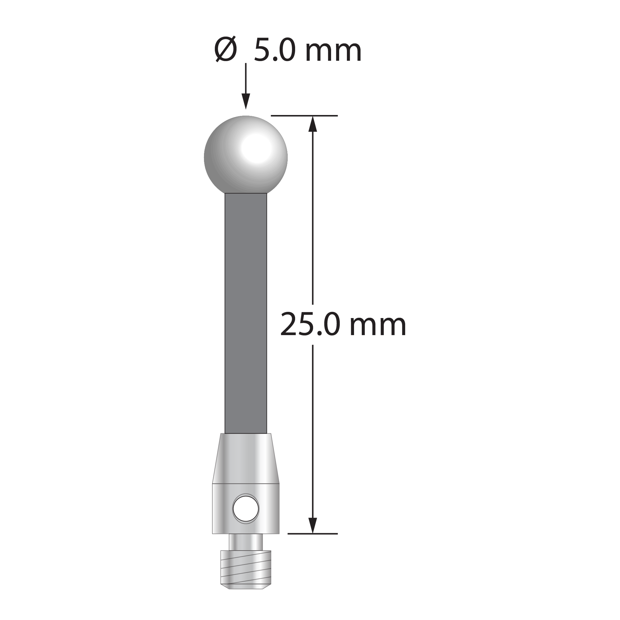 M3 stylus with 5.0 mm diameter zirconia ball, 2.5 mm diameter carbon fiber stem, and 4.0 mm diameter x 7.0 mm long stainless steel base. Overall stylus length is 25.0 mm. Stylus weight is 0.78 gram.